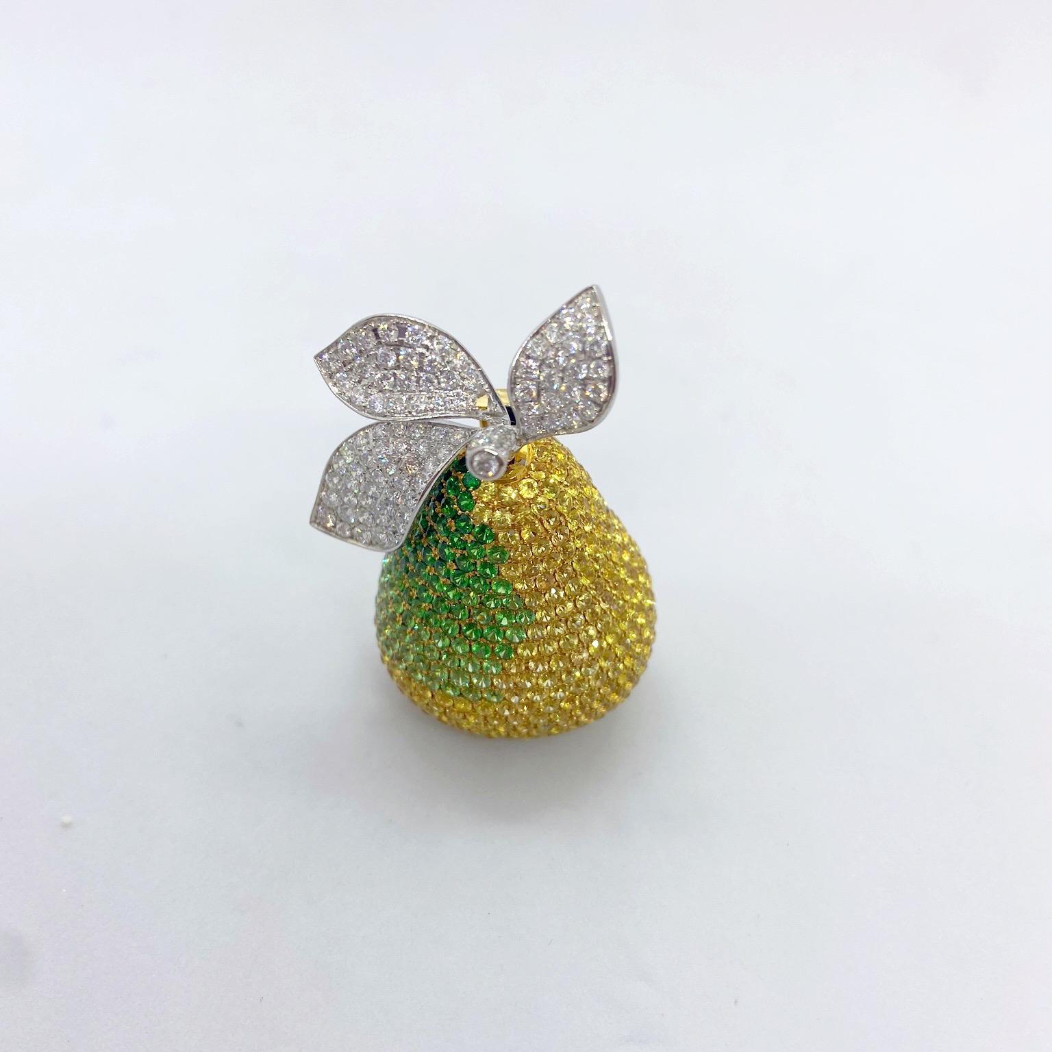 18 Karat YG & WG Pear Brooch with Diamonds, Yellow Sapphires and Tsavorites In New Condition For Sale In New York, NY