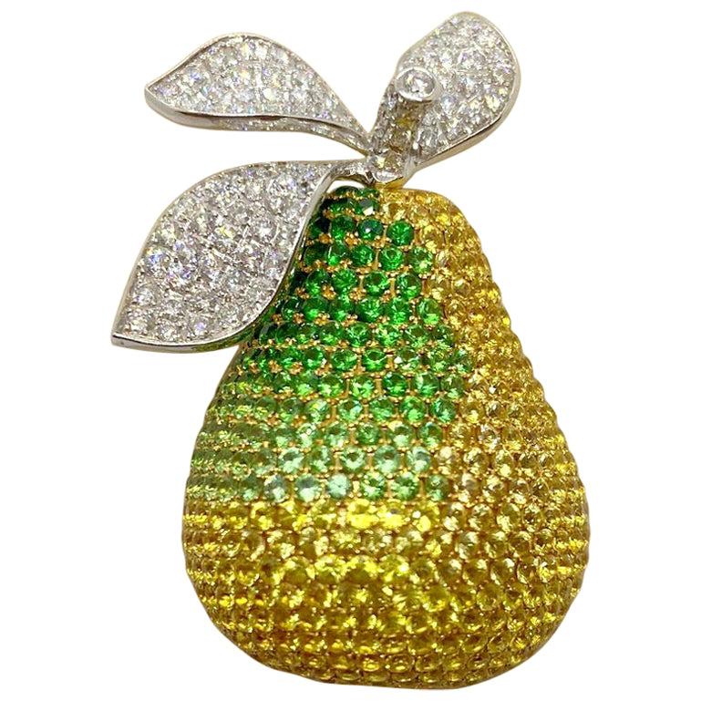 Broche poire en or 18 carats YG & WG avec diamants, saphirs jaunes et tsavorites