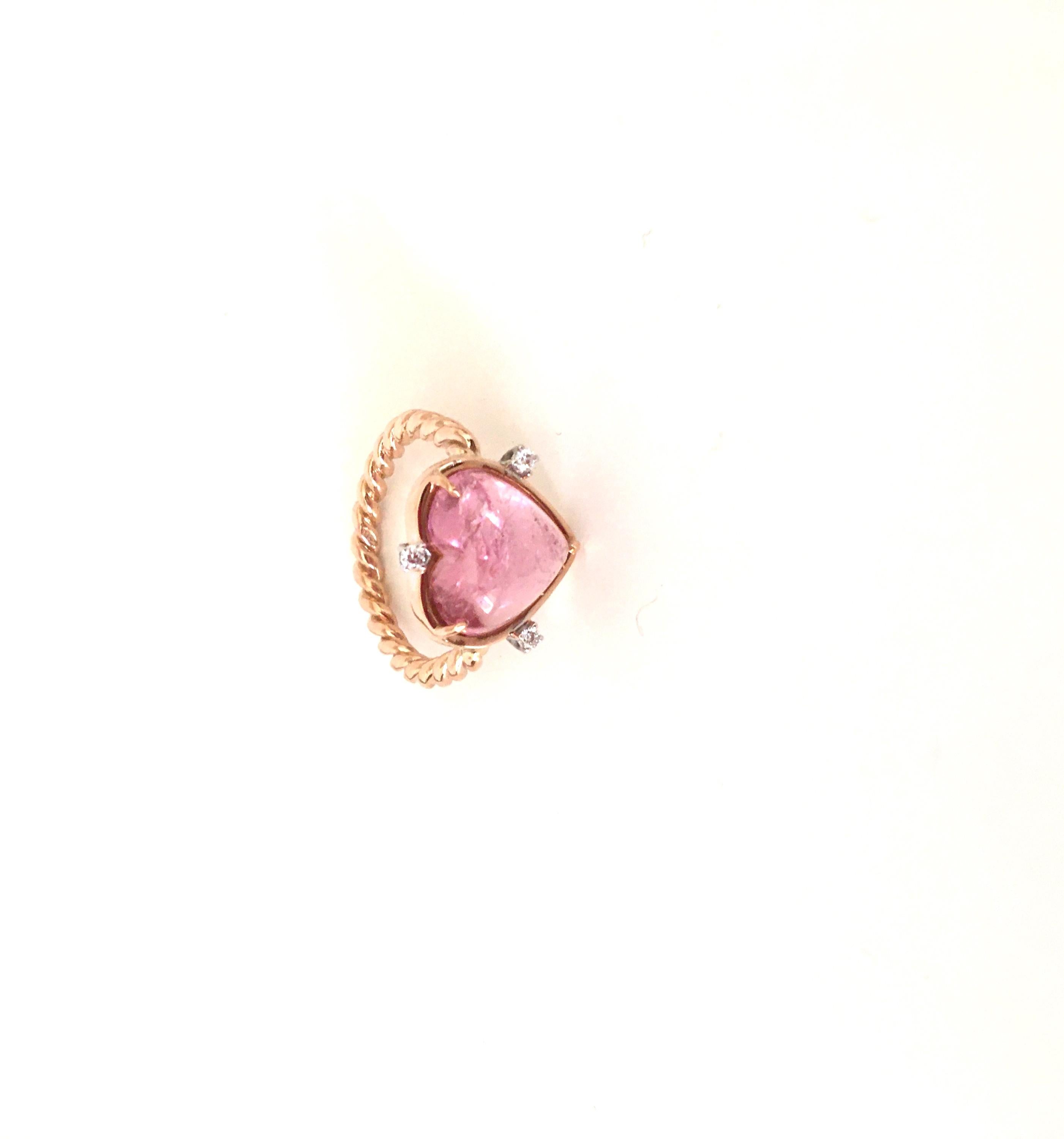 Heart Cut 18 Karats Gold 4.8 Karat Heart Shaped Rose Tourmaline White Diamonds Love Ring For Sale