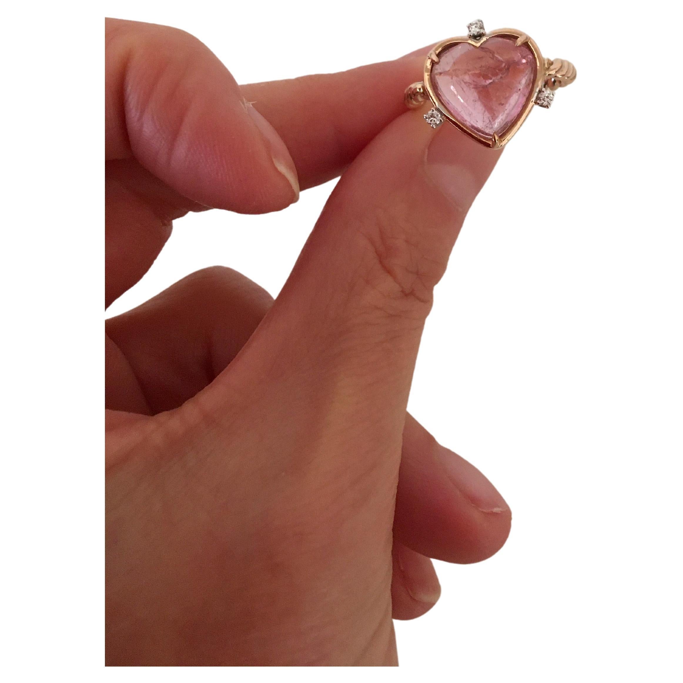 18 Karats Gold 4.8 Karat Heart Shaped Rose Tourmaline White Diamonds Love Ring For Sale 1