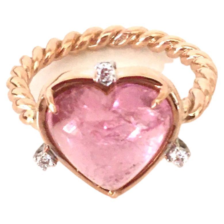 18 Karats Gold 4.8 Karat Heart Shaped Rose Tourmaline White Diamonds Love Ring For Sale