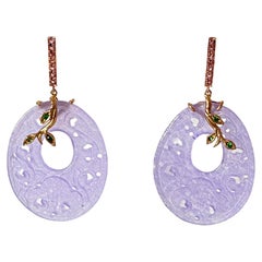 18 Karats Gold Tourmaline Tsavorite Carved  Purple Color Quartz Design Earrings