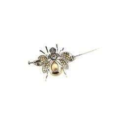 18 Karat White Gold Fly Brooch with Golden Pearl, Yellow Sapphires and Diamonds