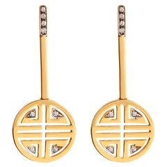 18 Karats Yellow Gold 0.20 Carats White Diamonds Statement Happy Coin Earrings