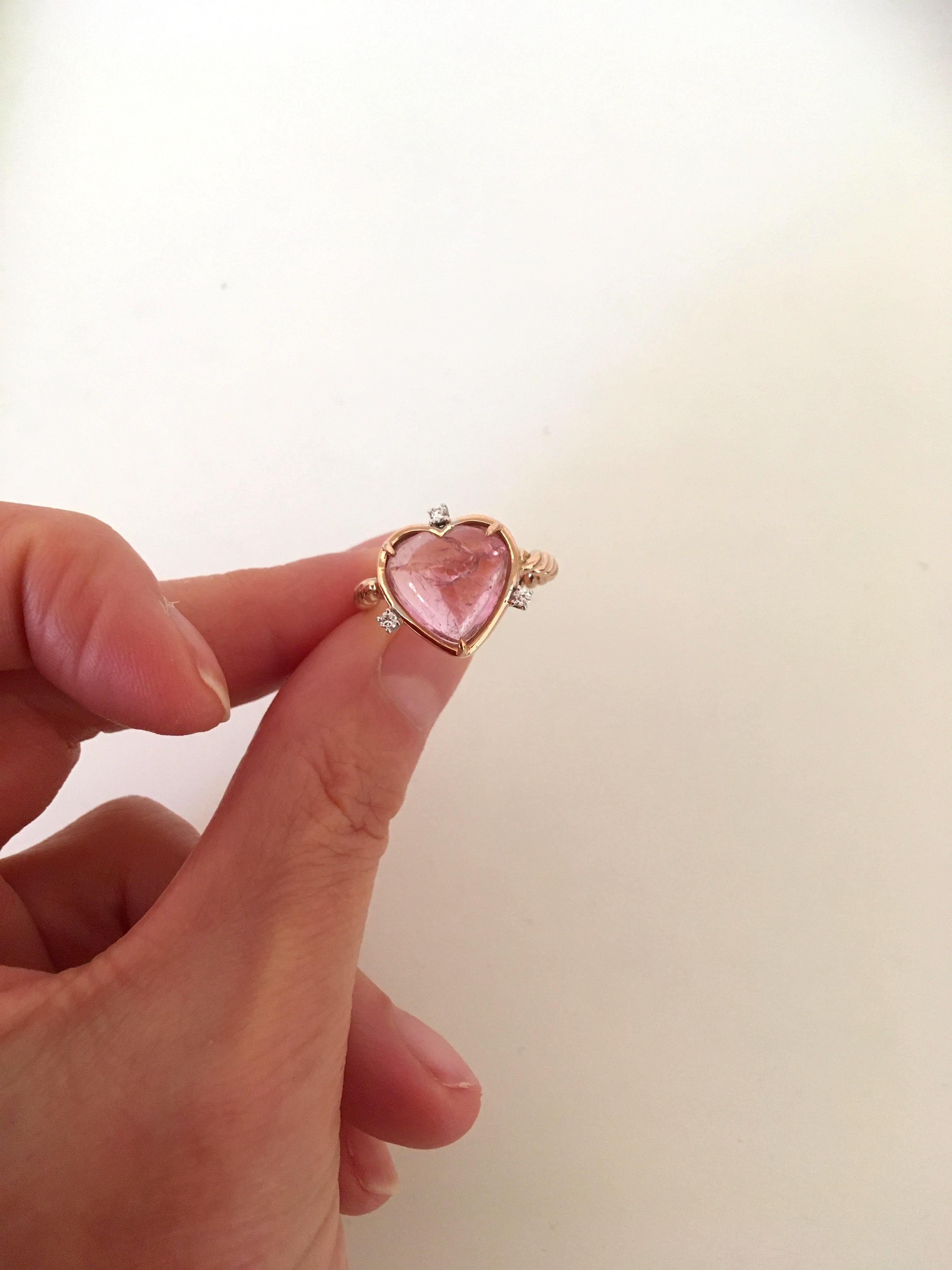 Heart Cut 18 Karats Yellow Gold 4.8 Karat Rose Tourmaline White Diamonds Love Ring For Sale