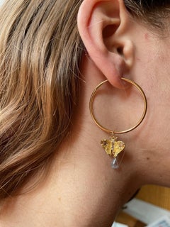 Butterfly 18K Gold Aquamarine Diamonds Pendant Hoop Lucky Charme Earrings