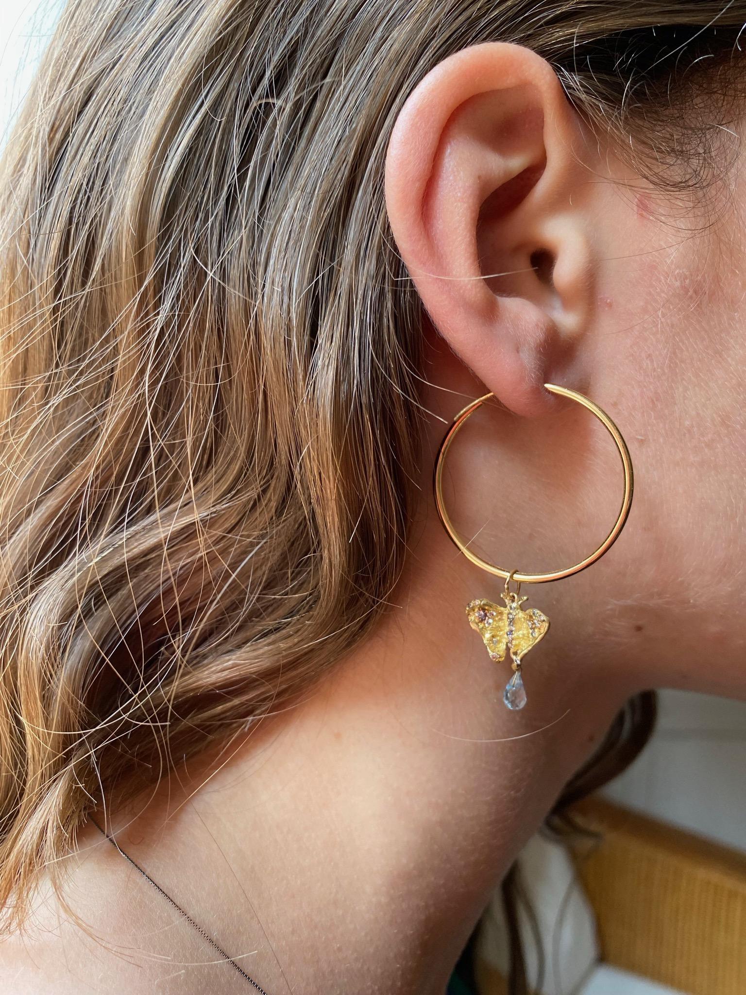 Artisan Butterfly 18K Gold Aquamarine Diamonds Pendant Hoop Lucky Charme Earrings For Sale