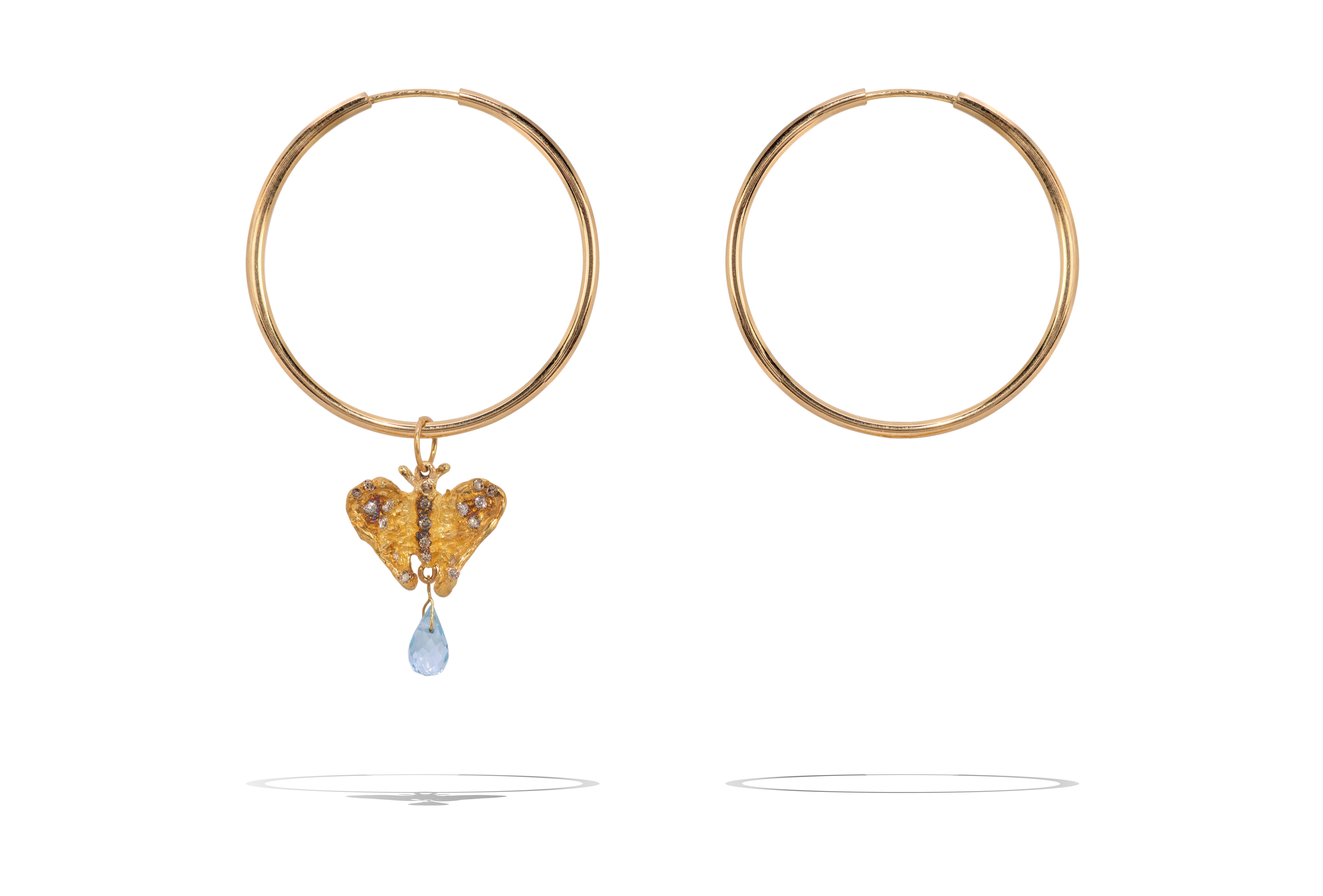 Brilliant Cut Butterfly 18K Gold Aquamarine Diamonds Pendant Hoop Lucky Charme Earrings For Sale