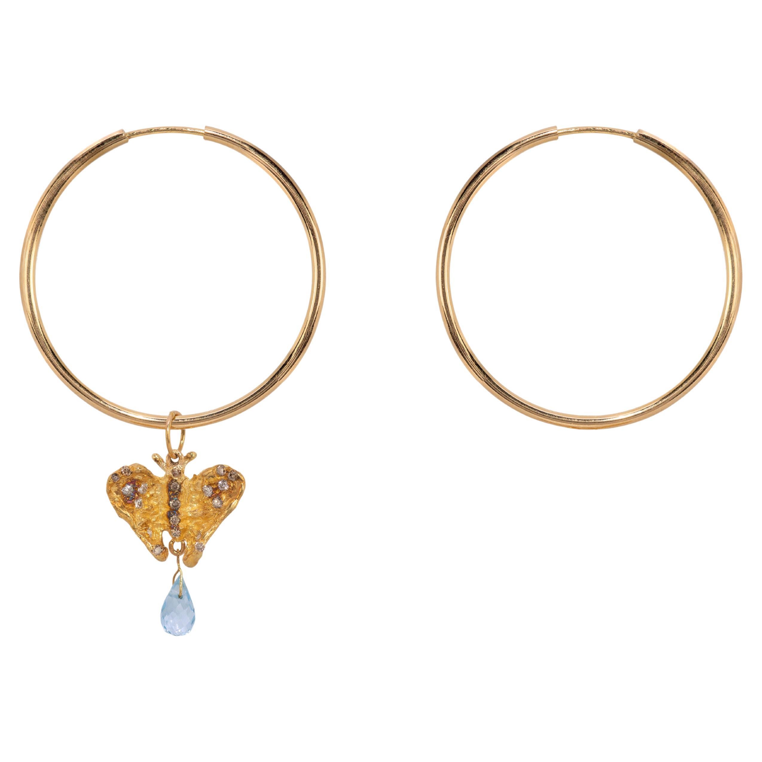 18K Yellow Gold Aquamarine Drop White Diamonds Pendant Lucky Charm Hoop Earrings For Sale