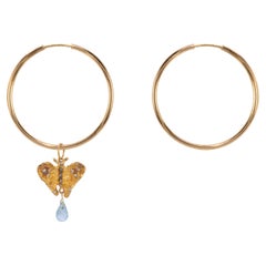 Butterfly 18K Gold Aquamarine Diamonds Pendant Hoop Lucky Charme Earrings