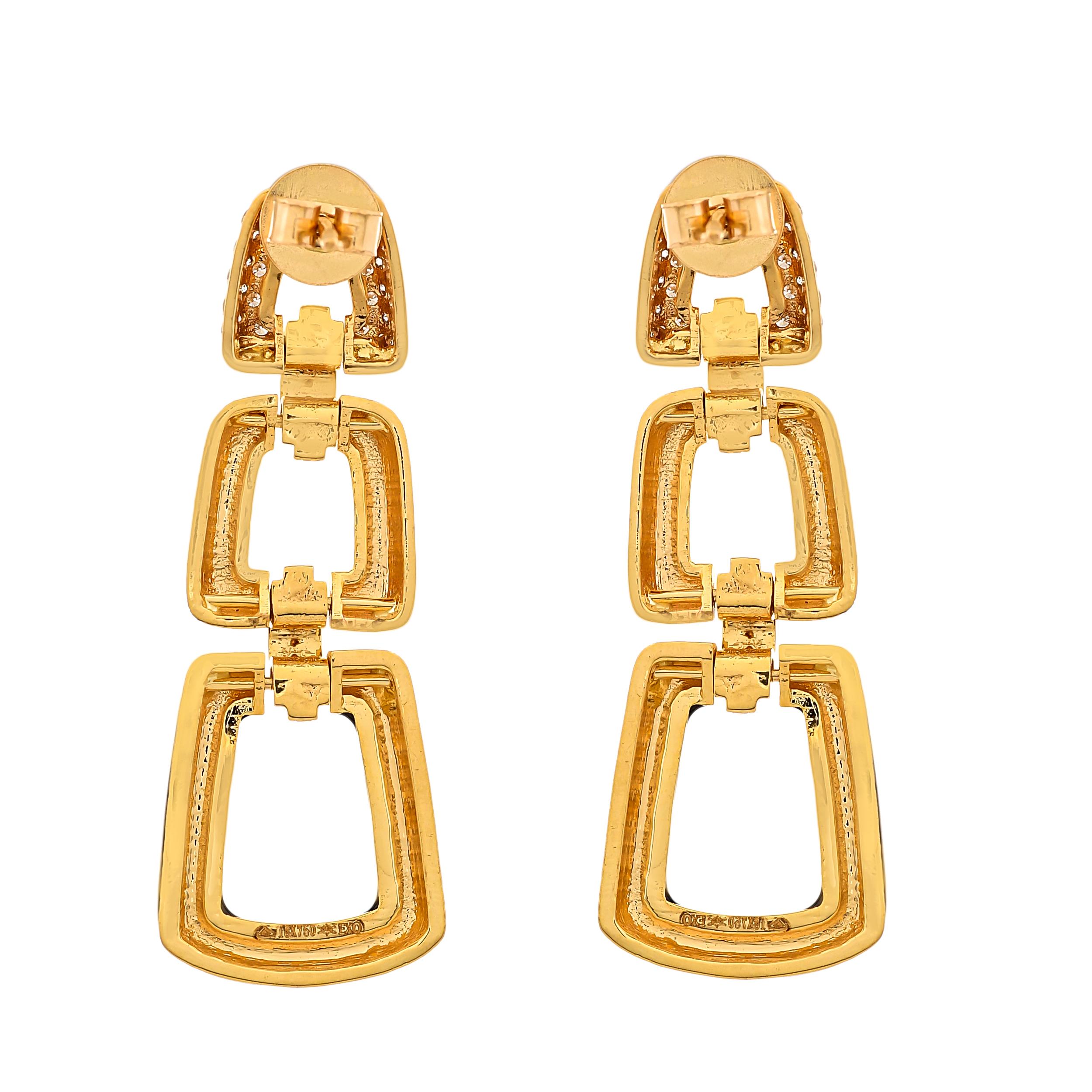 Modern 18 Karat Yellow Gold Black Onyx and Diamond Earrings For Sale