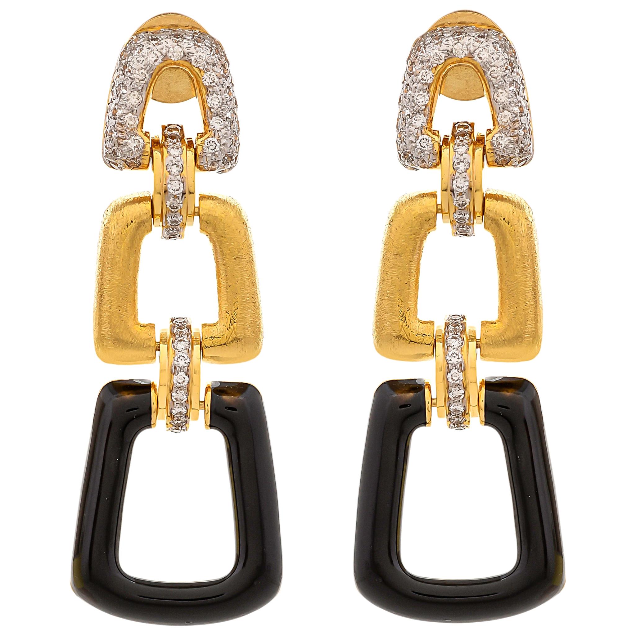 18 Karat Yellow Gold Black Onyx and Diamond Earrings For Sale