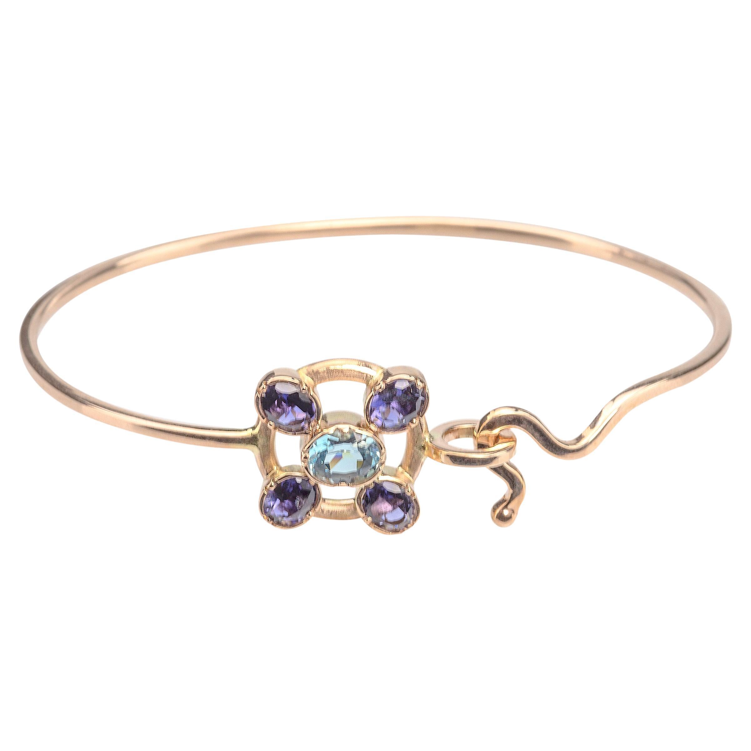 Two Hearts Blue Topaz Yellow Gold Bangle Bracelet For Sale at 1stDibs