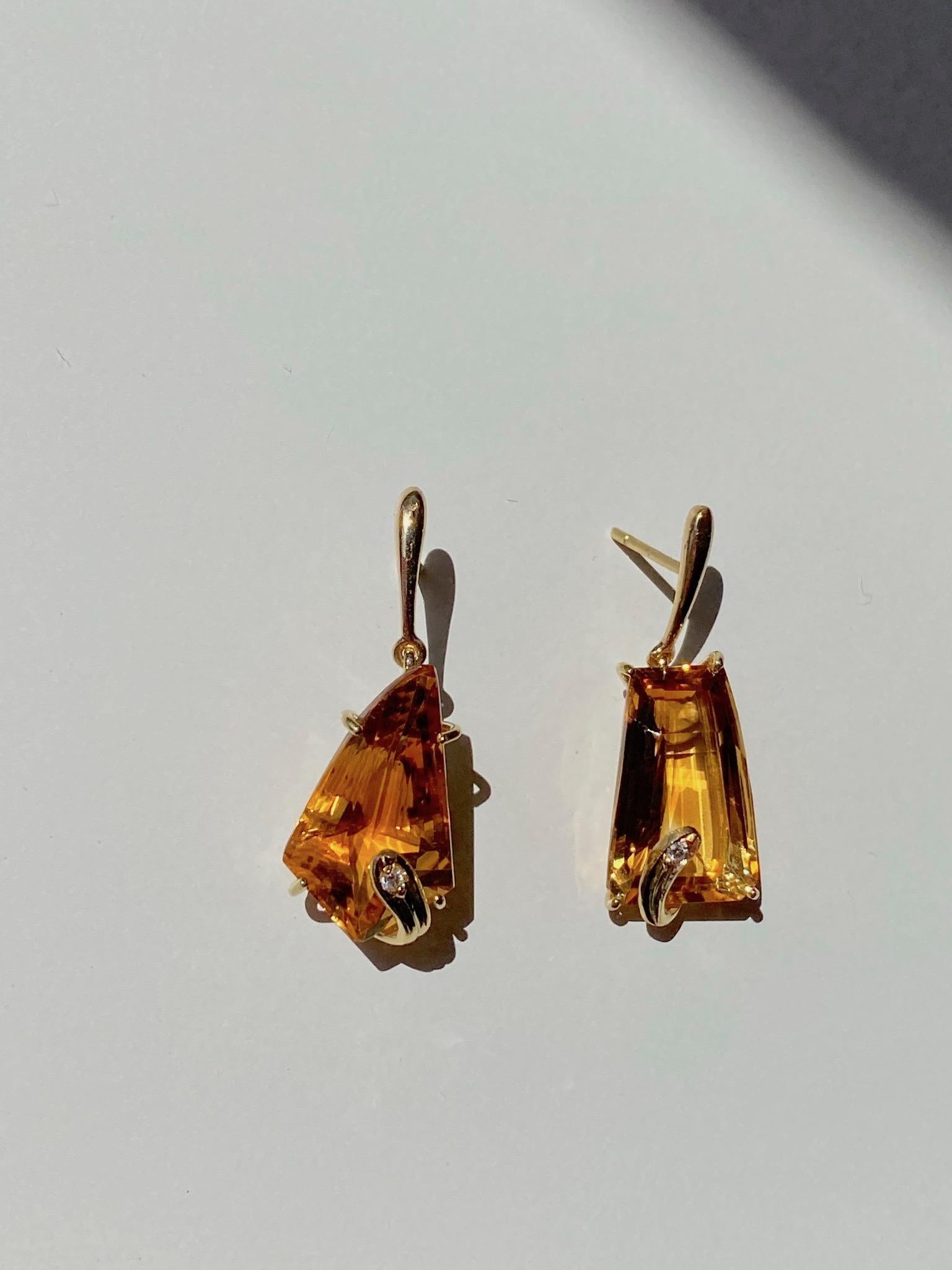 18K Yellow Gold Citrine 0.04 Karat Brown Diamonds Unique Piece Dangle Earrings 6
