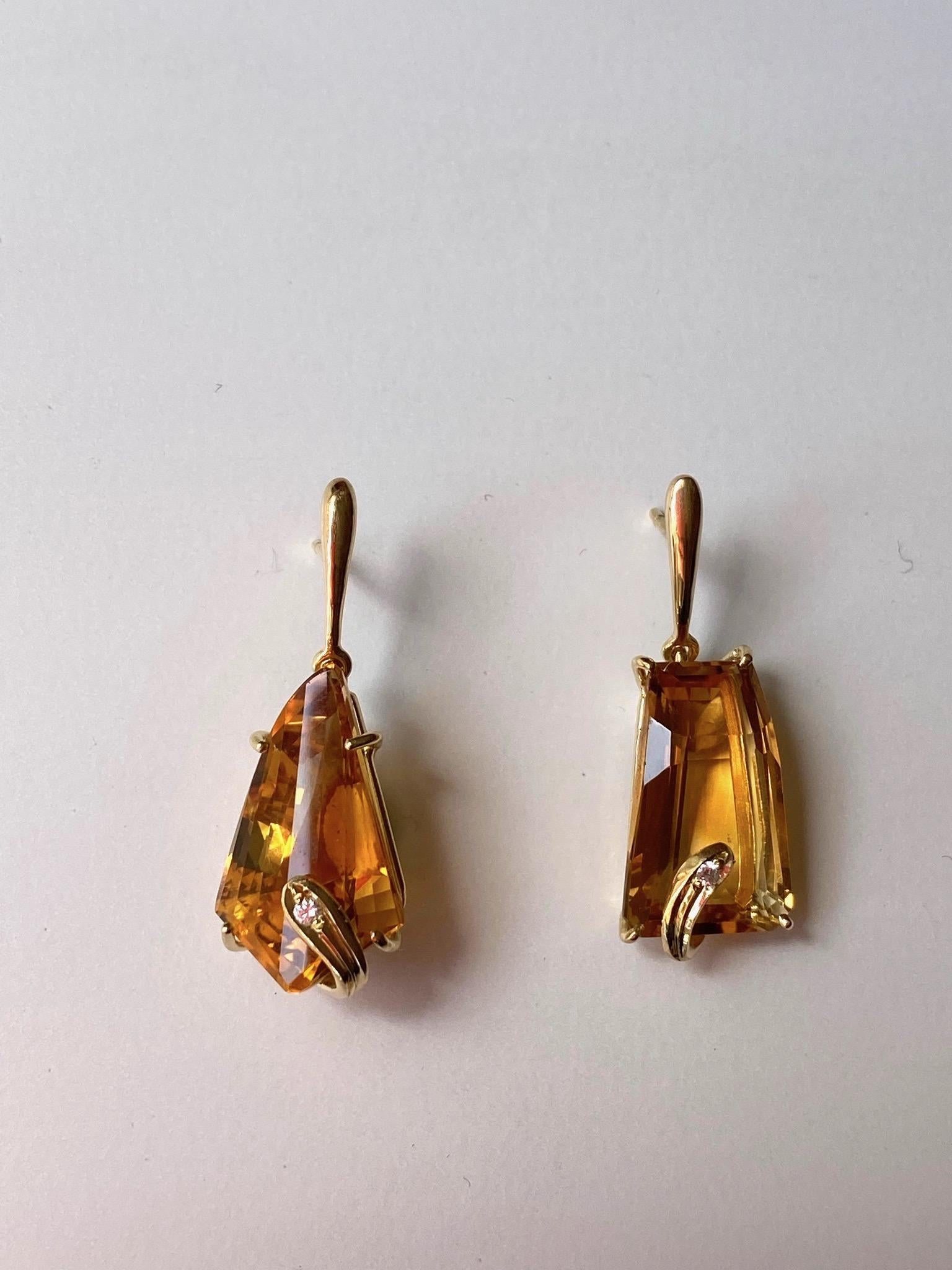 18K Yellow Gold Citrine 0.04 Karat Brown Diamonds Unique Piece Dangle Earrings 1