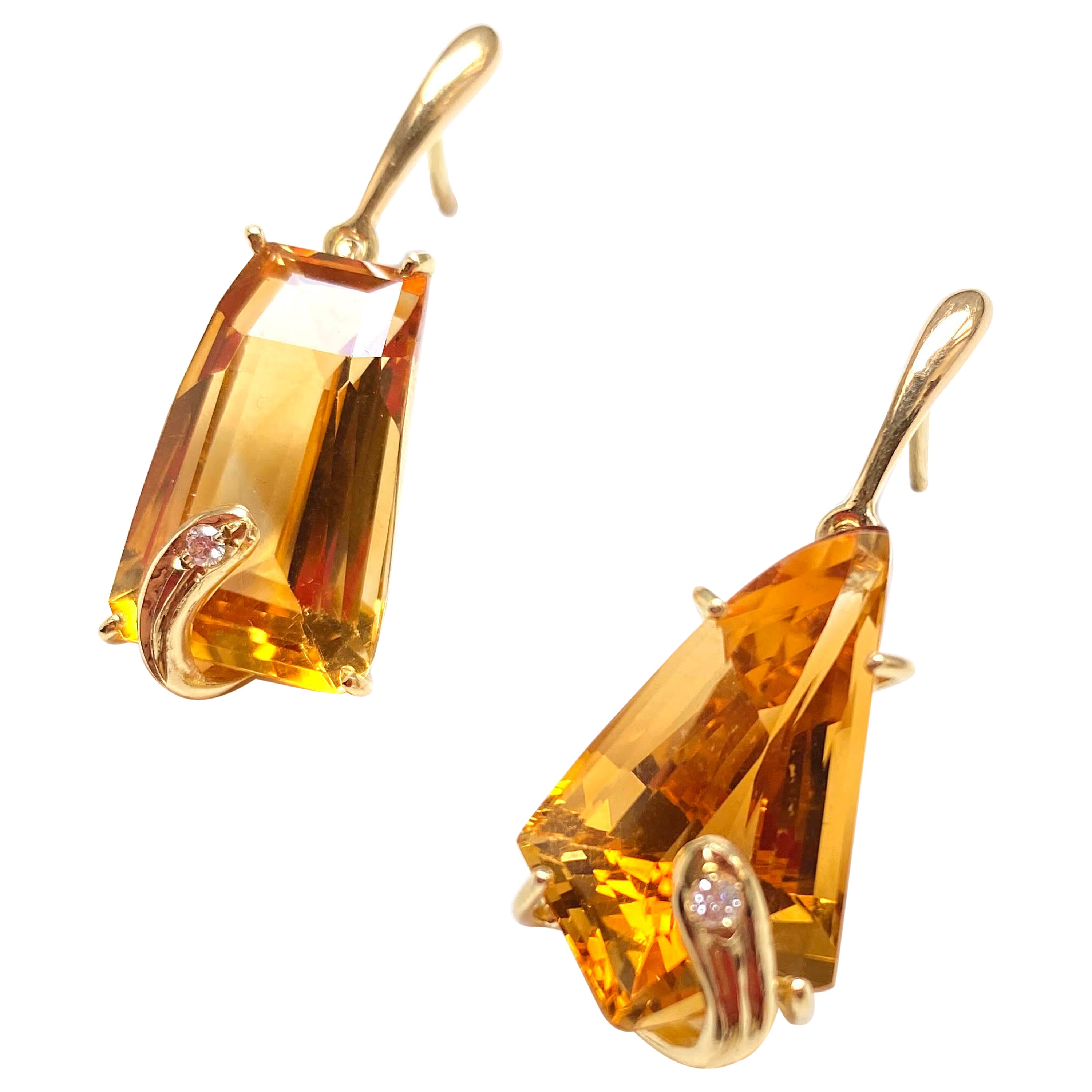 18K Yellow Gold Citrine 0.04 Karat Brown Diamonds Unique Piece Dangle Earrings