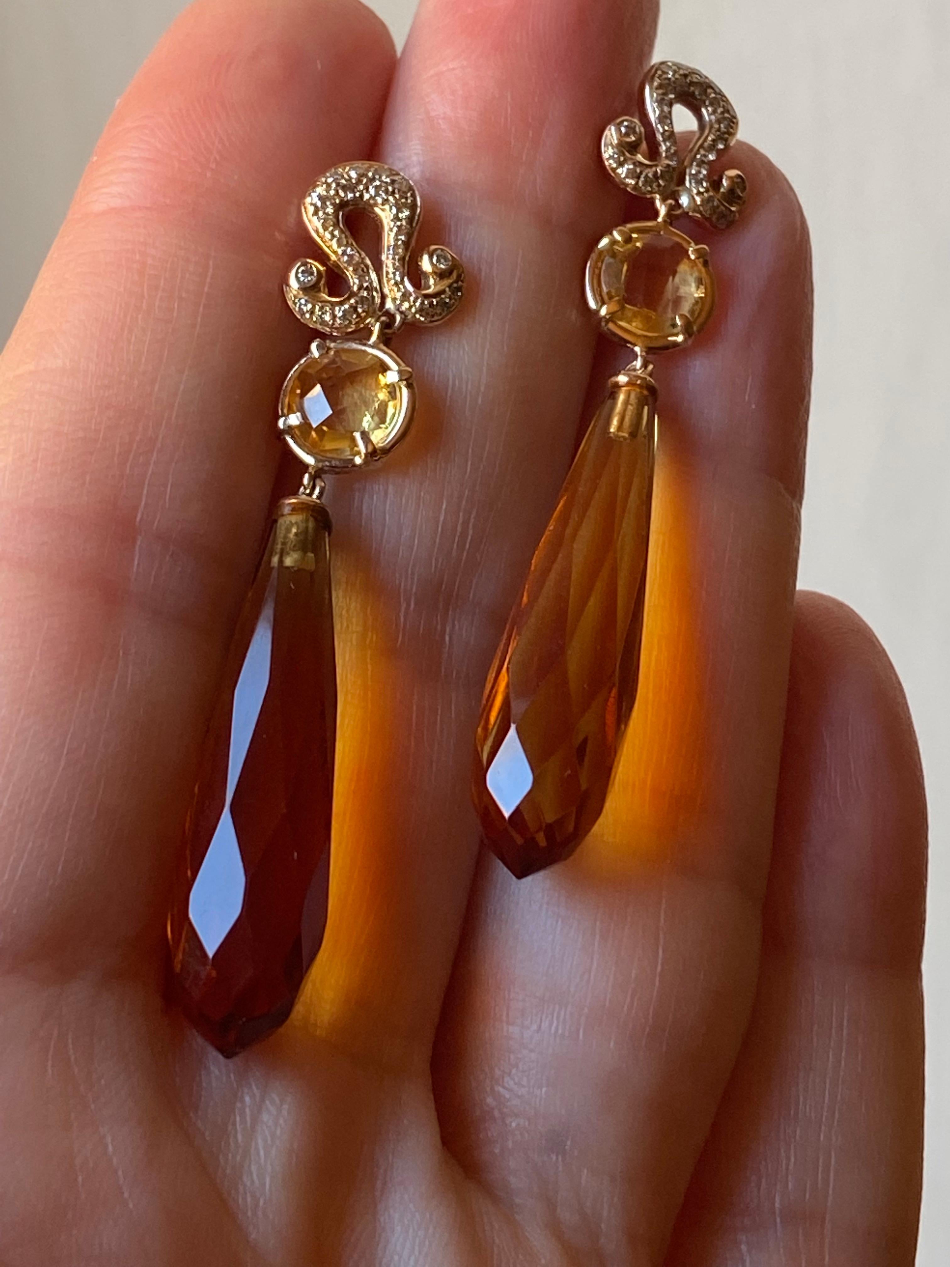 Citrine 0.20 Karat White Diamonds 18K Gold Deco Style Dangle Earrings For Sale 11