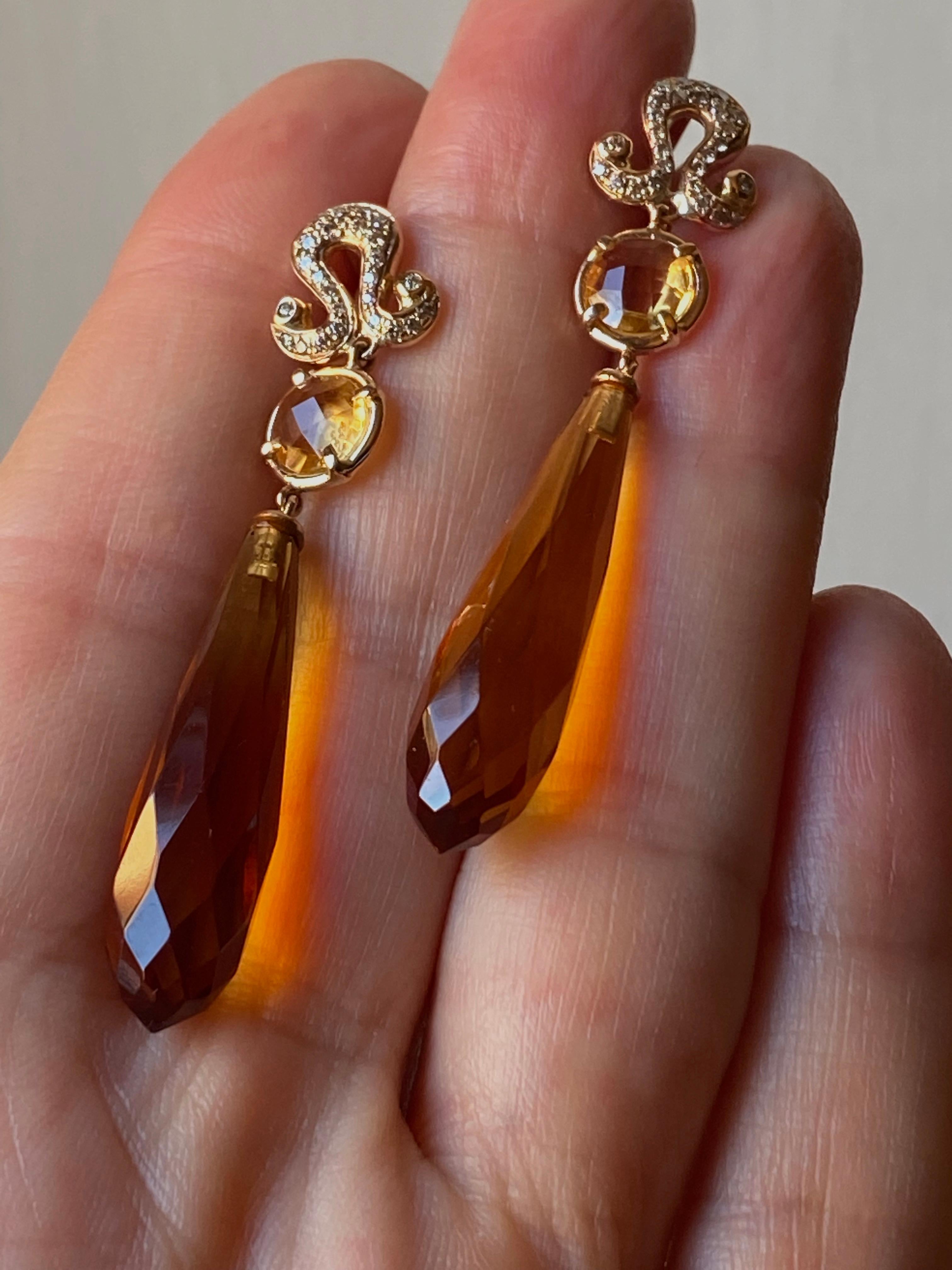 Citrine 0.20 Karat White Diamonds 18K Gold Deco Style Dangle Earrings For Sale 7