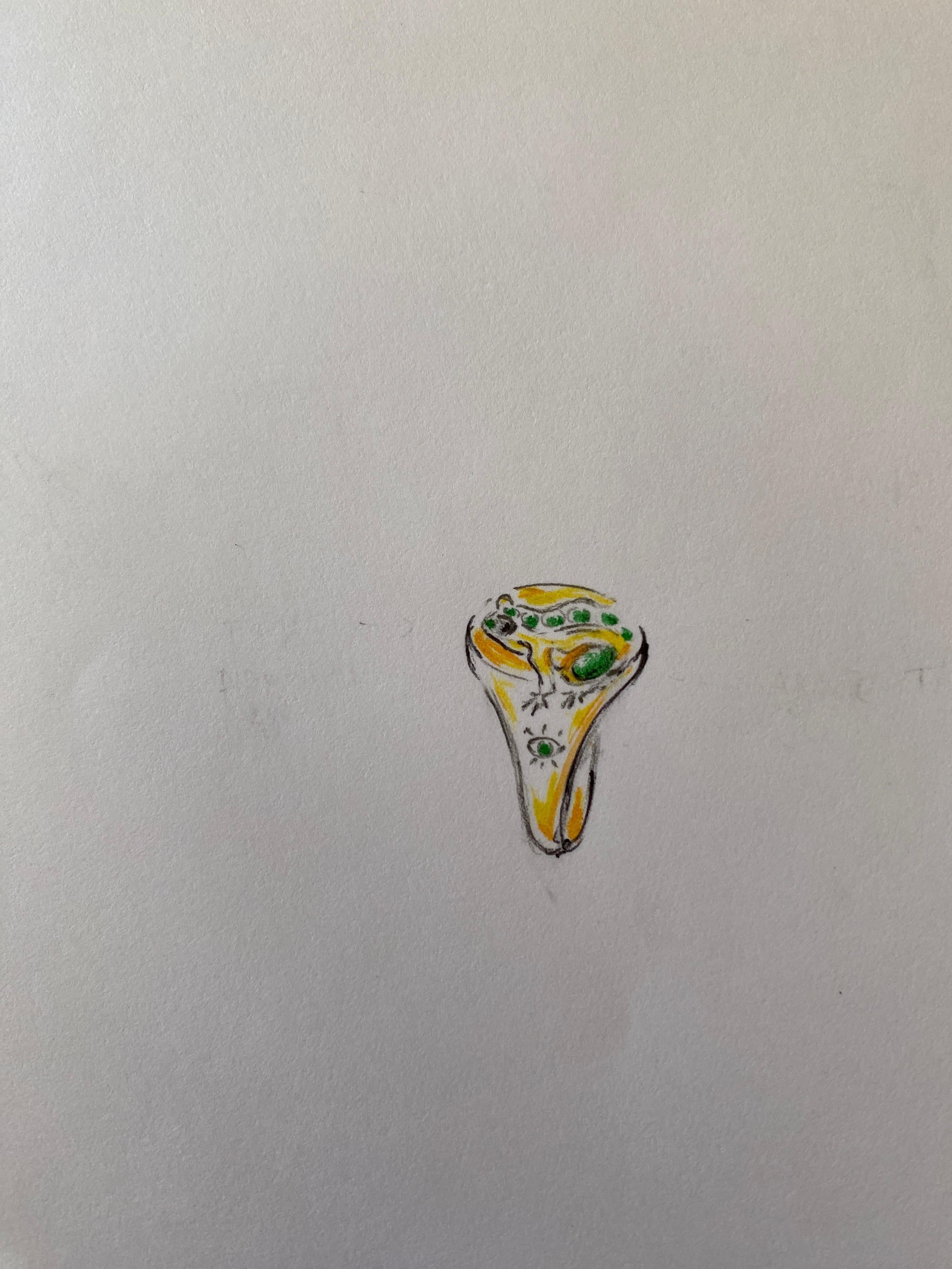 18 Karats Yellow Gold Emeralds White Diamonds Green Agate Man Frog Ring For Sale 4