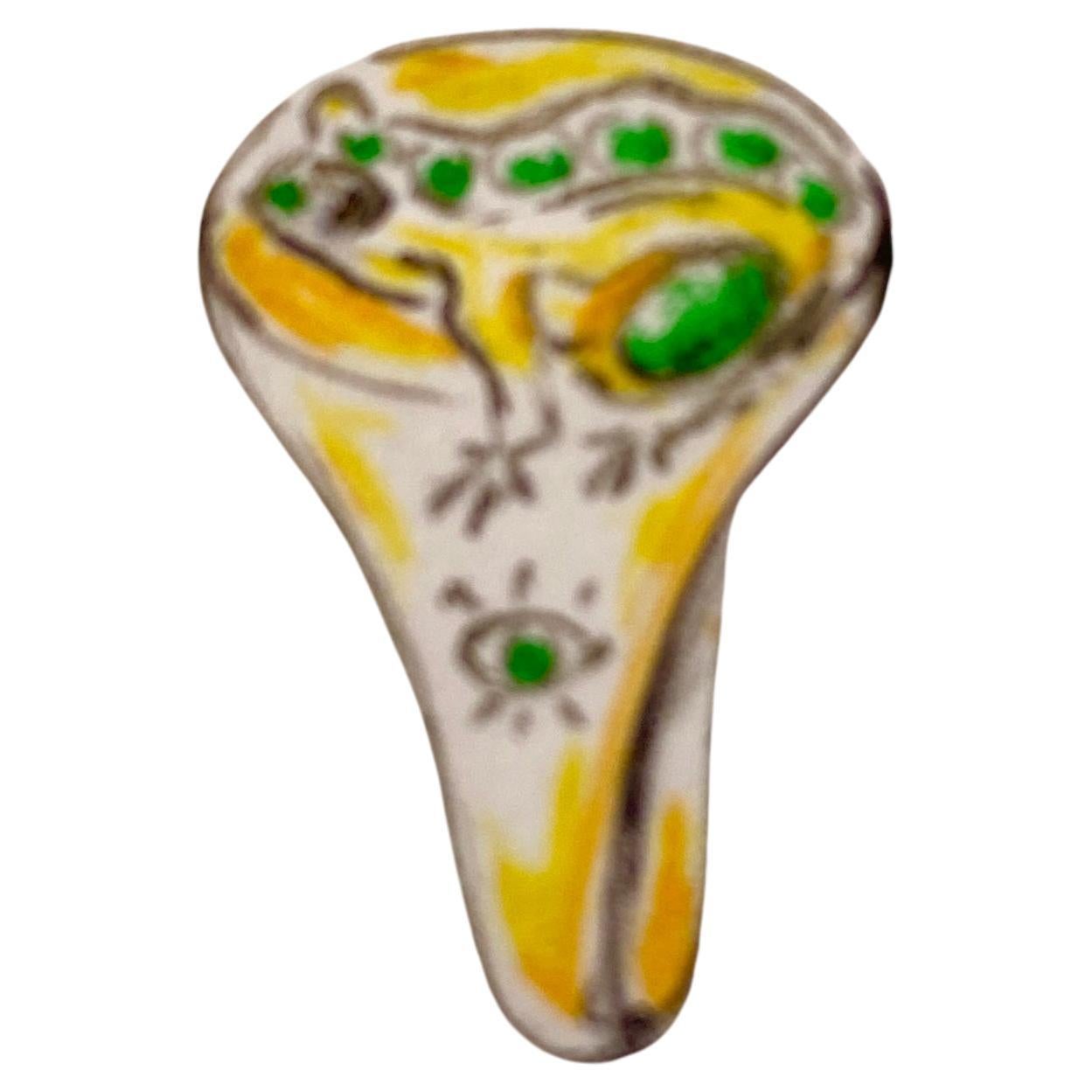18 Karats Yellow Gold Emeralds White Diamonds Green Agate Man Frog Ring For Sale 1
