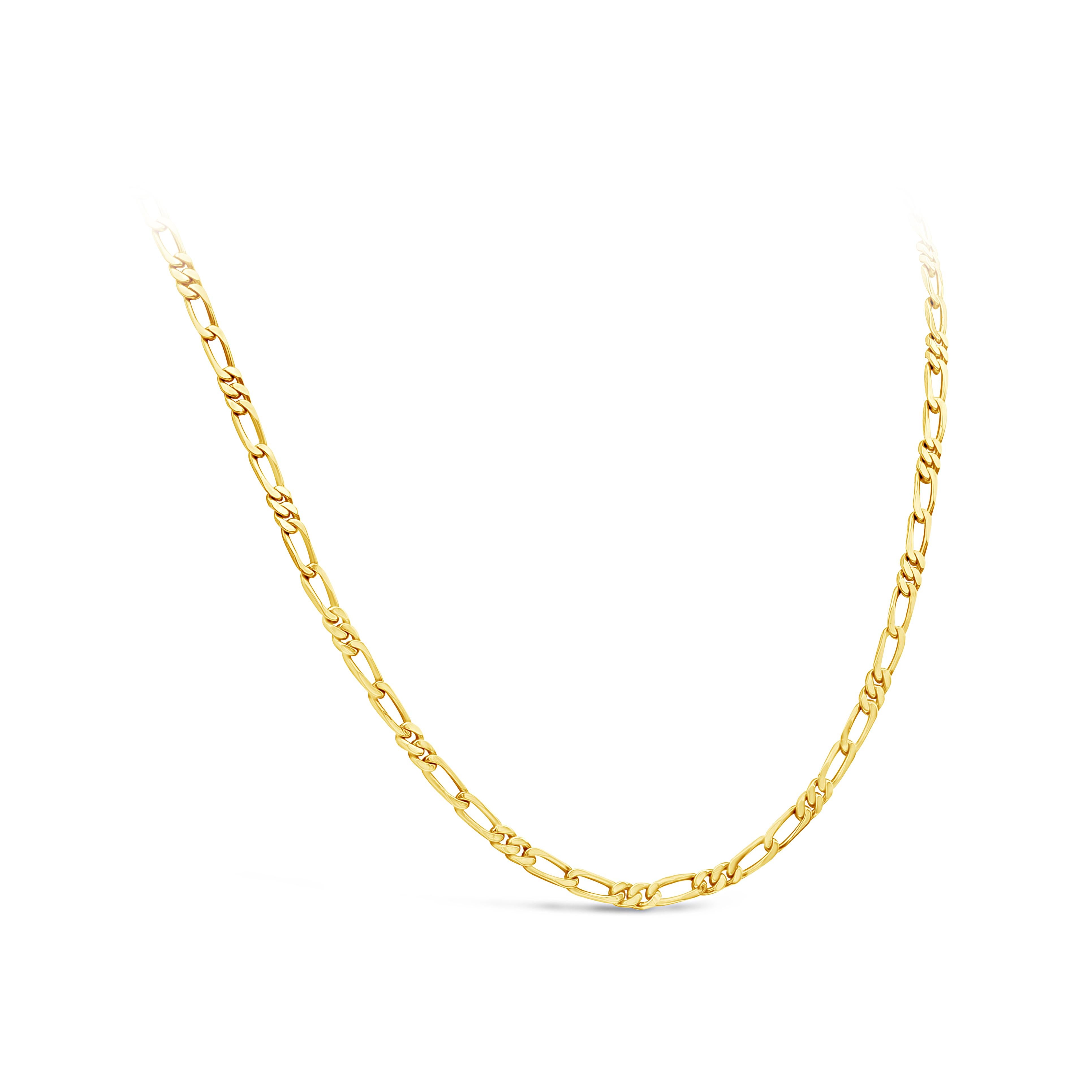 A vintage 18 karats yellow gold figaro chain necklace that has a length of 20 inches and weighs 27 grams. This chain features an alternating design of two long oval curb links and two short curb links to create the figaro design and is finished with