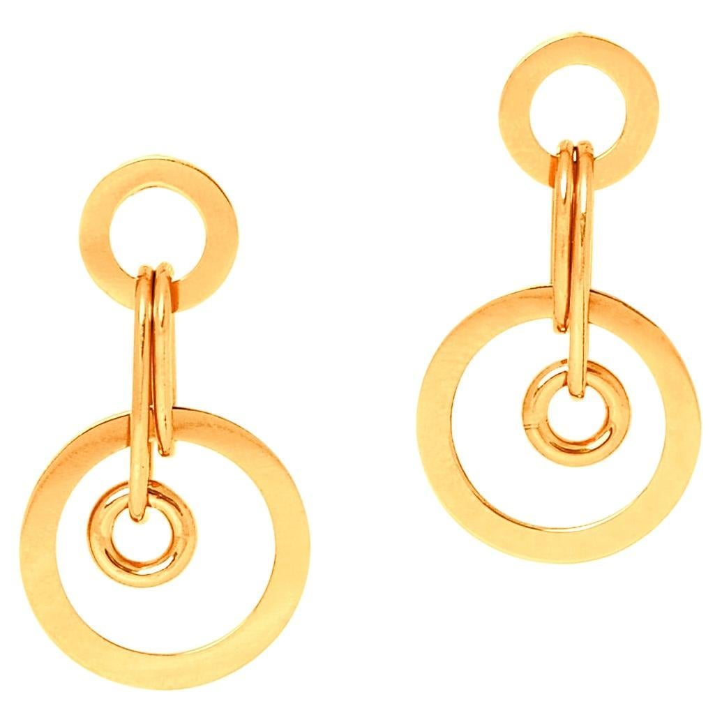 Boucles d'oreilles en or jaune 18 carats avec anneaux et pendentifs de danse ronde de conception moderniste