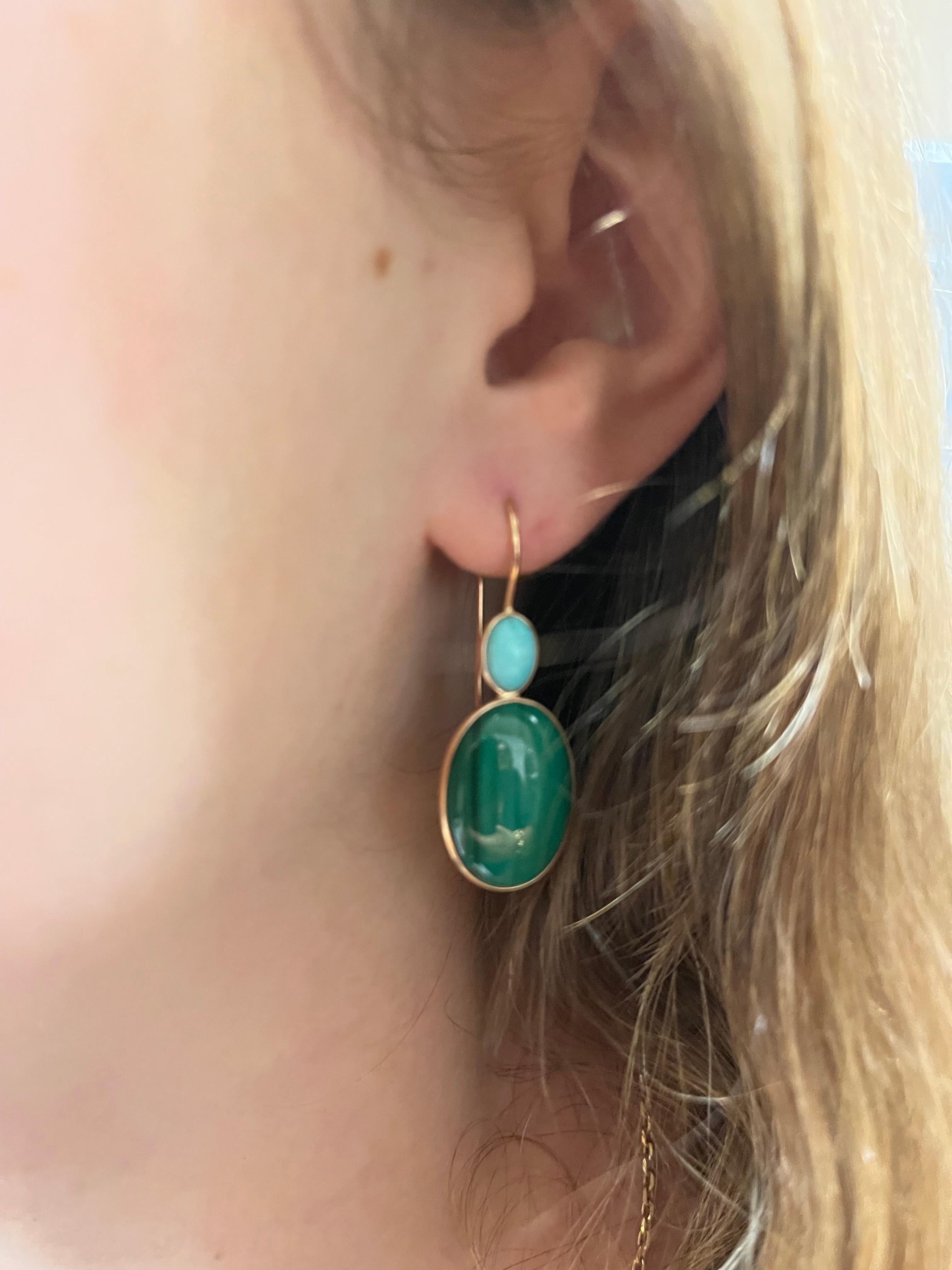 Art Deco 18 Karats Yellow Gold Malakites Earings with Turquoises For Sale