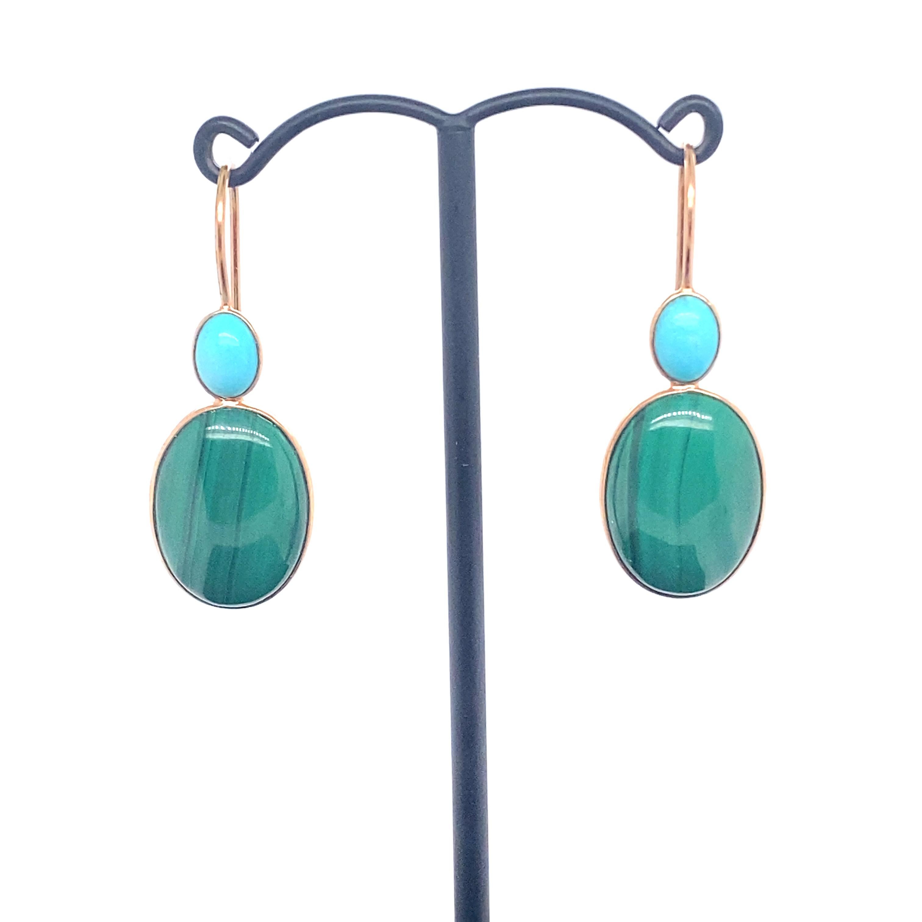 Cabochon 18 Karats Yellow Gold Malakites Earings with Turquoises For Sale