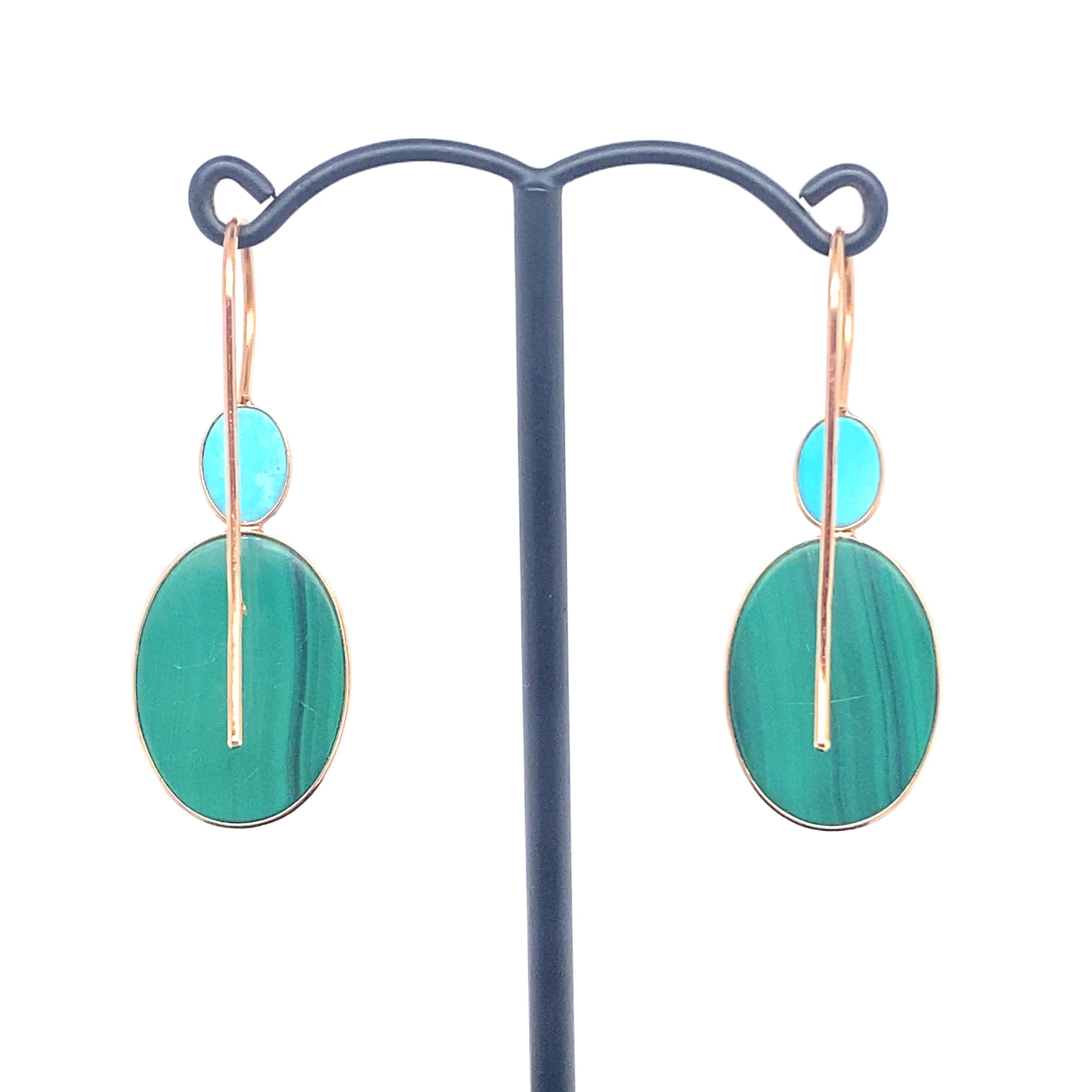 18 Karats Yellow Gold Malakites Earings with Turquoises In New Condition For Sale In Vannes, FR