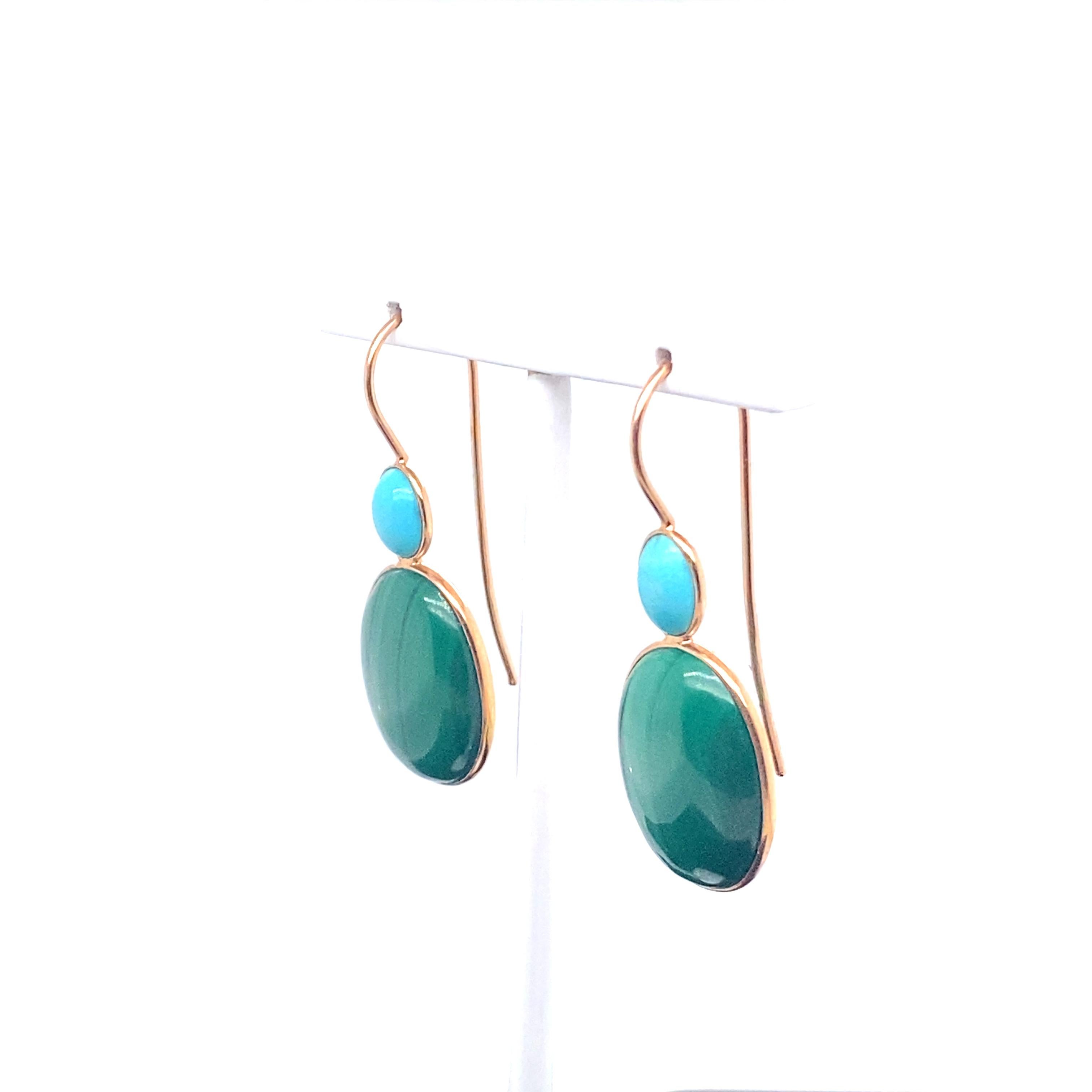 Women's 18 Karats Yellow Gold Malakites Earings with Turquoises For Sale