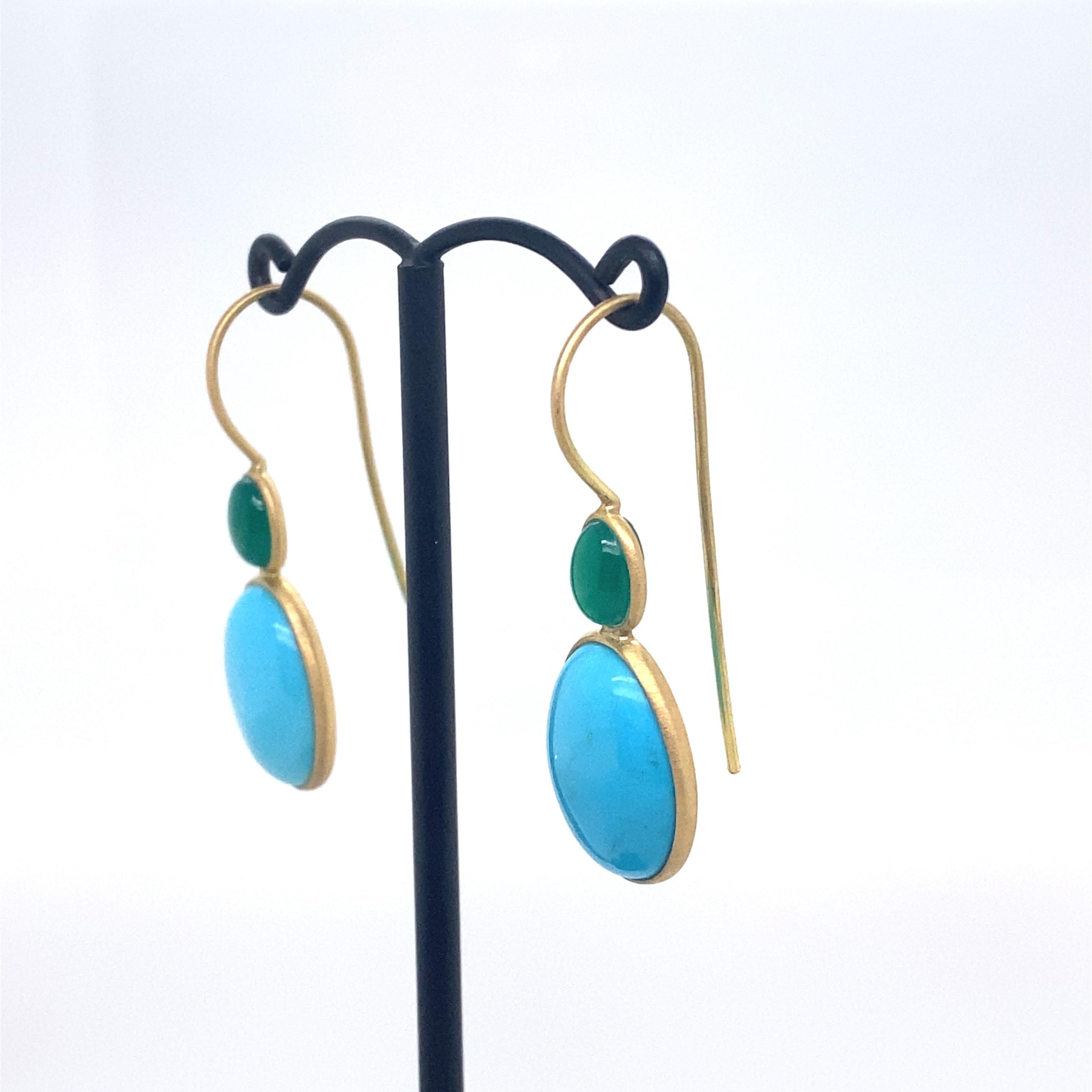 18 Karats Yellow Gold Turquoises Chandelier Earrings and Green Quartz 1