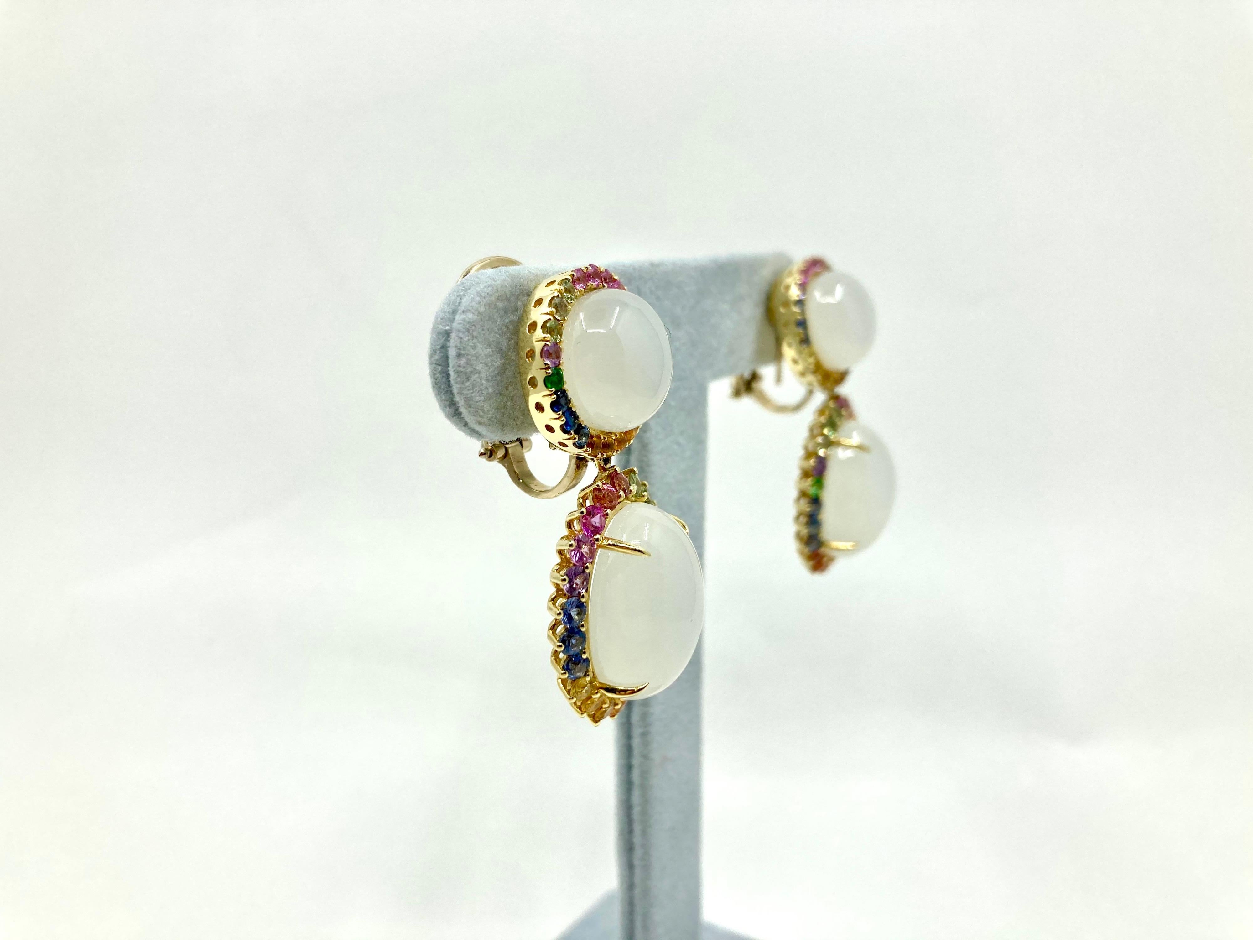 Modern 18 Karat Yellow Gold Moonstone and Multi-Color Sapphires Earrings For Sale