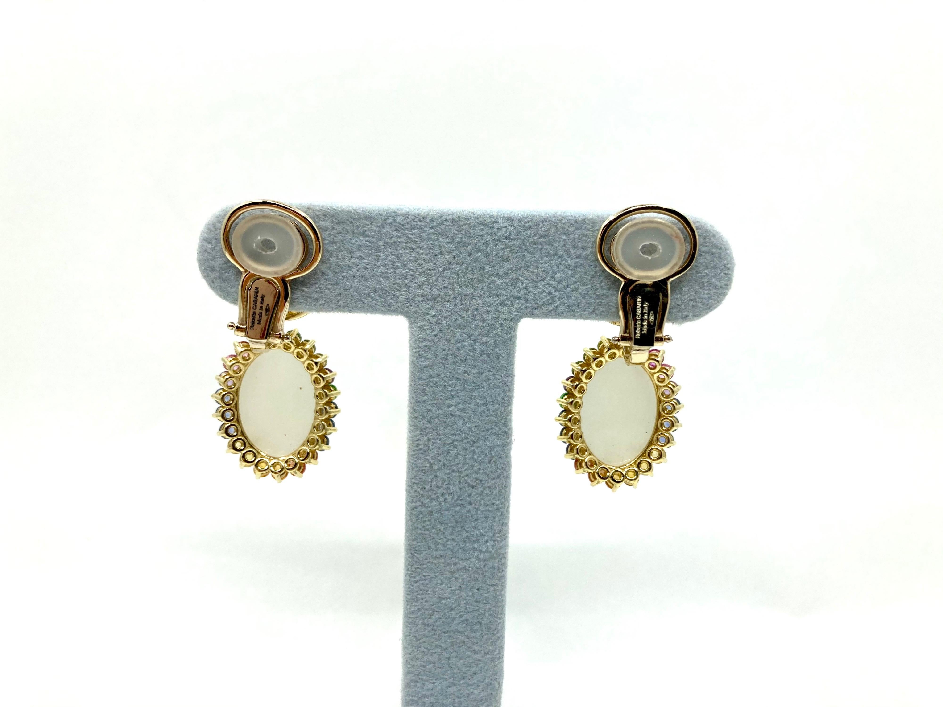 18 Karat Yellow Gold Moonstone and Multi-Color Sapphires Earrings In New Condition For Sale In Valenza, IT