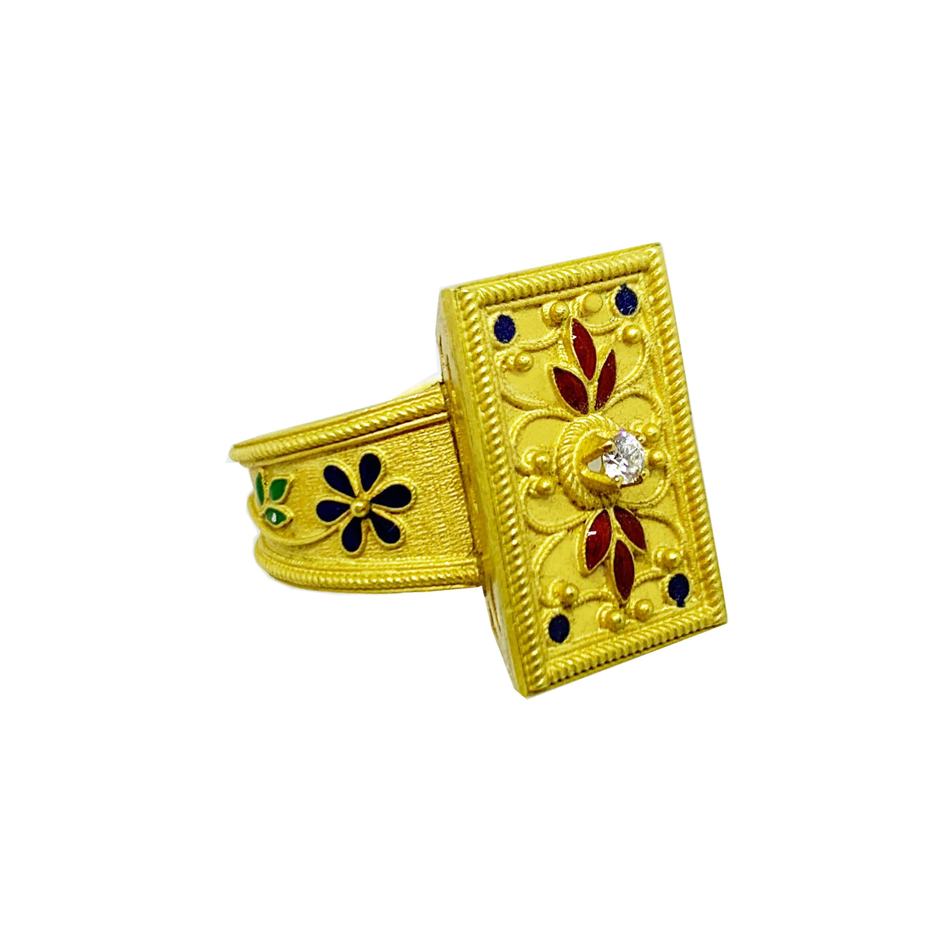 This 18 Kr gold ring, with brilliant and enamels, was made by one of the craftsmen of my shop, opened in 1910 and located in via Margutta 57, a few steps from the Spanish Steps.

The excellent manufacture recalls the Etruscan manufacturing. In fact,