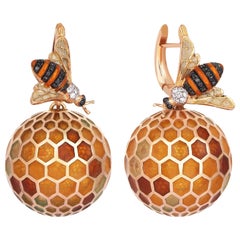  18 Kt 0.09 ct. Diamond , 02ct. Black Diamond Enamel Bee and Honey Comb Earrings