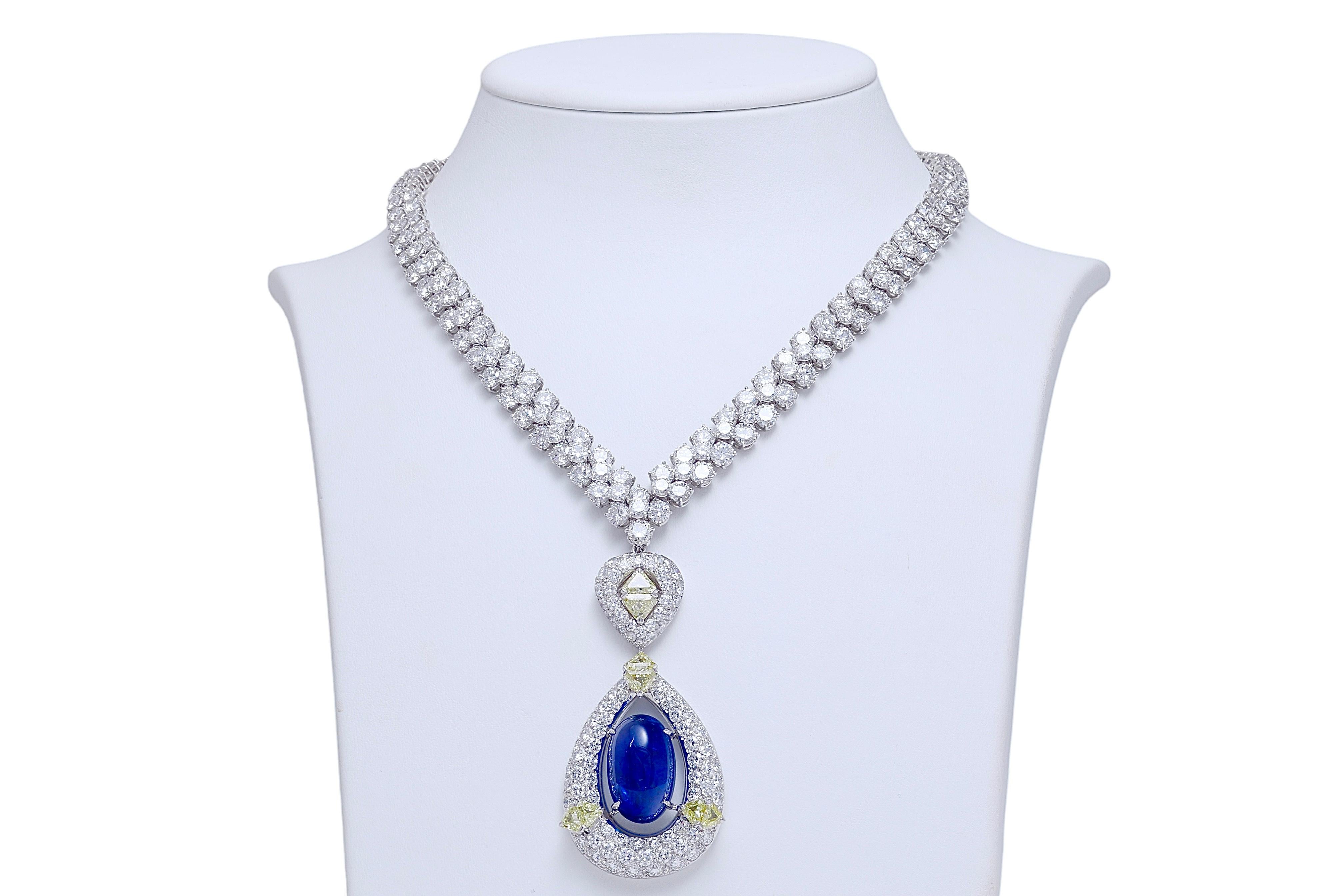 Massive Adler Genève Tennis Necklace With Fabulous Asprey London Pendant With 28.7 Ct. No Heat Burmese Sapphire , Total Diamonds  77 ct. from Estate Sultan Of Oman Qaboos Bin Said

One of a kind piece of art !

Necklace can be separated to be worn
