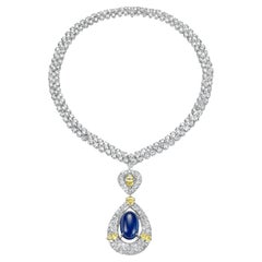 18 kt. Collier de tennis Adler Genève & pendentif Asprey London Saphir, diamants