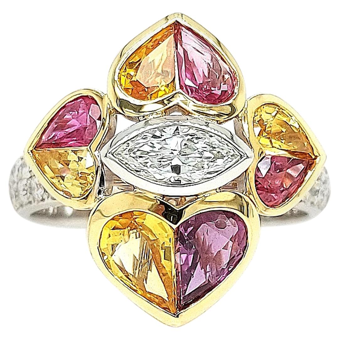18 Kt Bi Color Ring, 0.85 Carat Diamonds & 2.47 ct Heart Cut Rubies and Sapphire For Sale