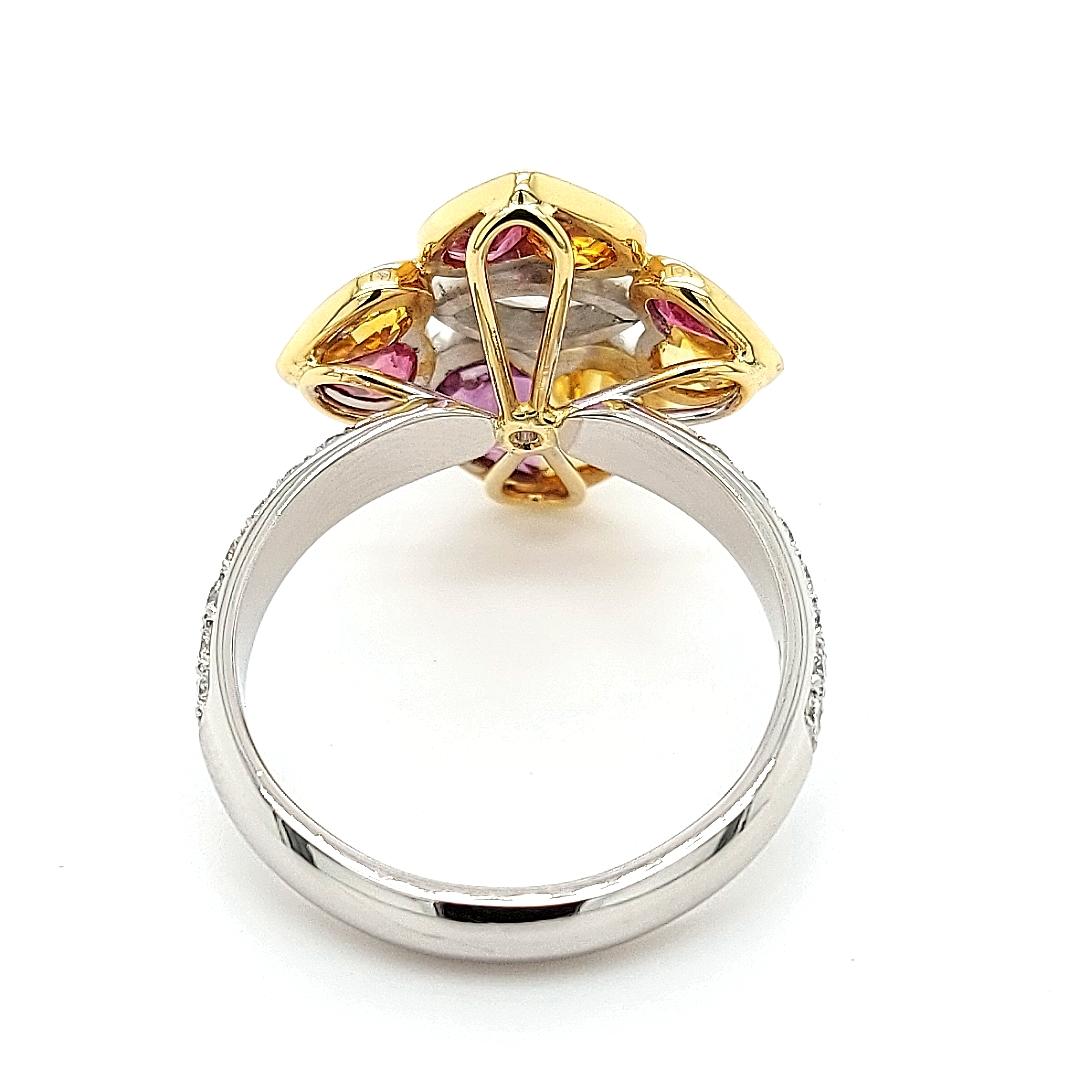 18 Kt Bi Color Ring, 0.85 Carat Diamonds & 2.47 ct Heart Cut Rubies and Sapphire For Sale 4