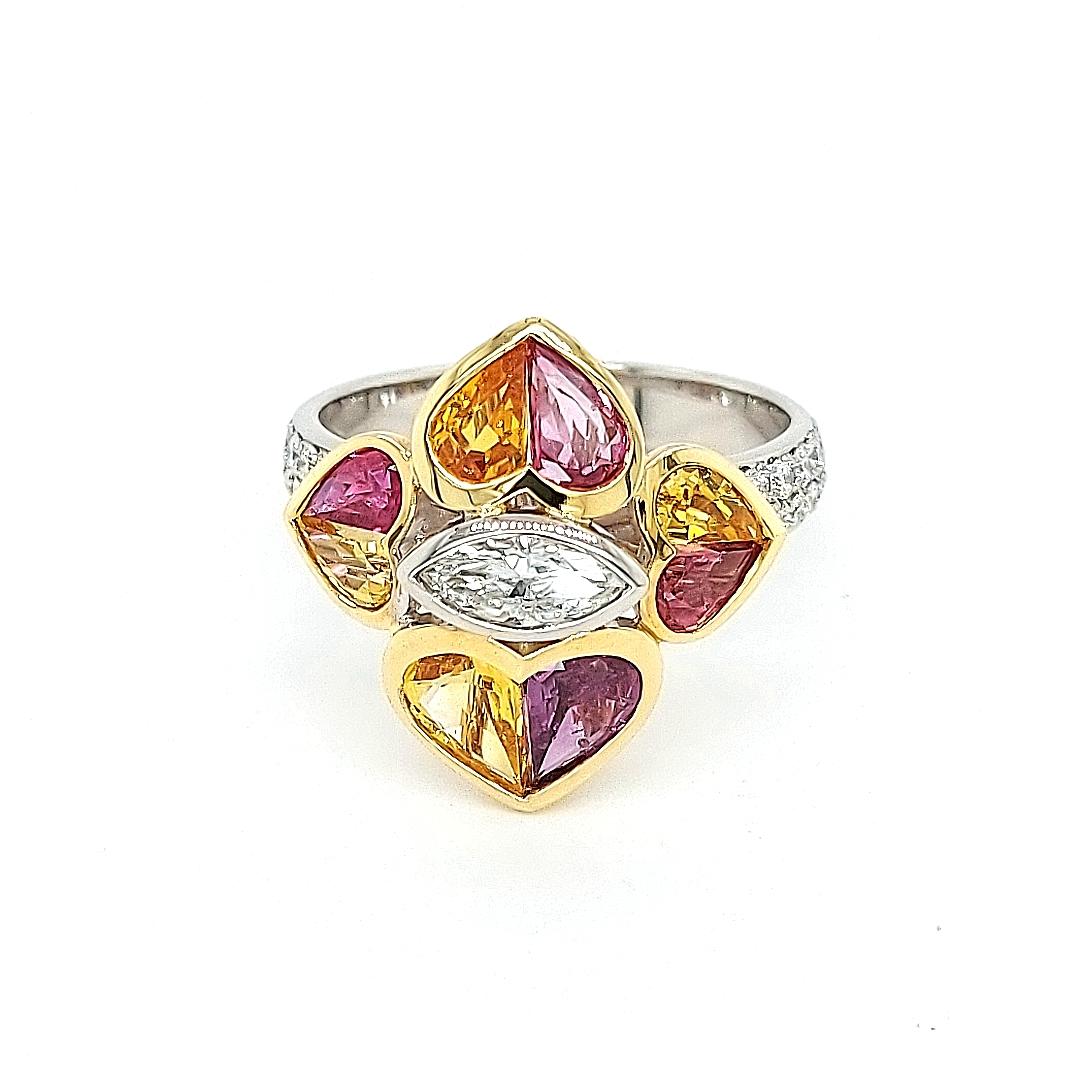 18 Kt Bi Color Ring, 0.85 Carat Diamonds & 2.47 ct Heart Cut Rubies and Sapphire For Sale 5