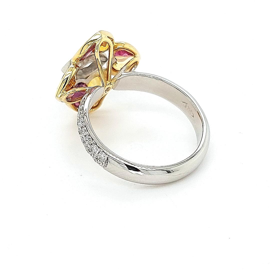 18 Kt Bi Color Ring, 0.85 Carat Diamonds & 2.47 ct Heart Cut Rubies and Sapphire For Sale 6