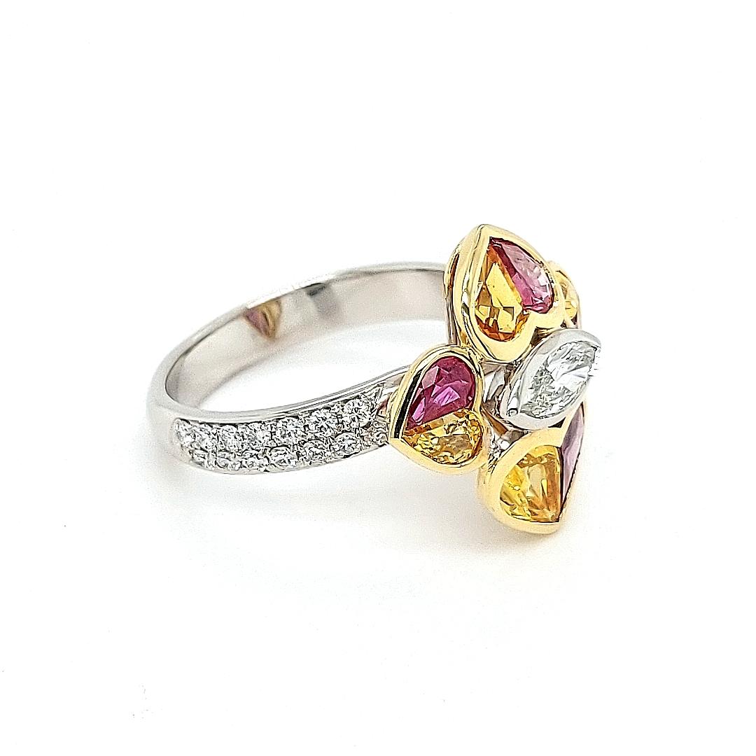 18 Kt Bi Color Ring, 0.85 Carat Diamonds & 2.47 ct Heart Cut Rubies and Sapphire For Sale 8