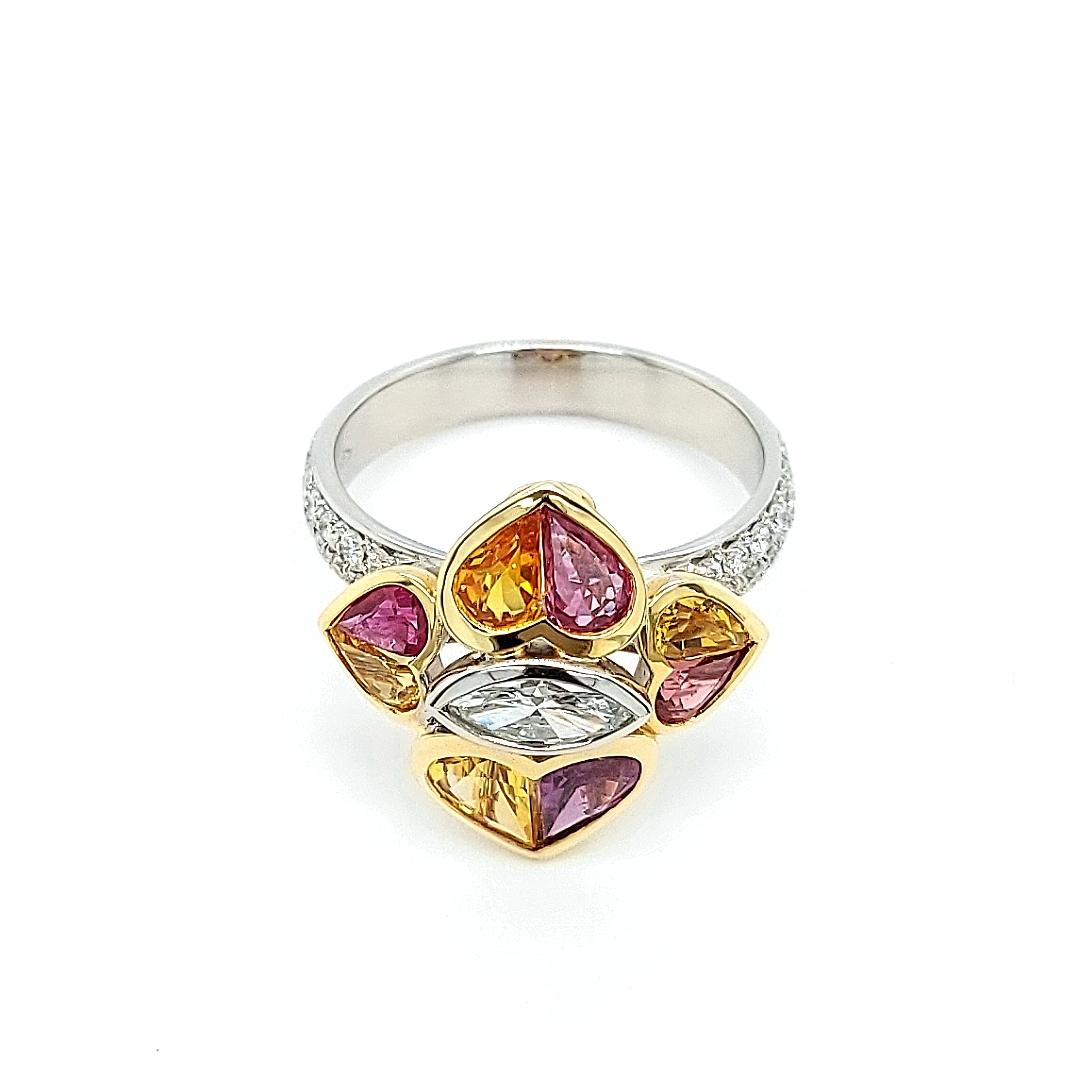 18 Kt Bi Color Ring, 0.85 Carat Diamonds & 2.47 ct Heart Cut Rubies and Sapphire For Sale 9