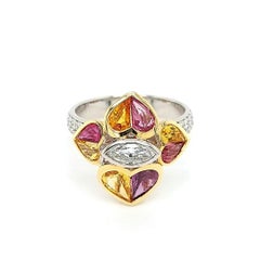 18 Kt Bi Color Ring, 0.85 Carat Diamonds & 2.47 ct Heart Cut Rubies and Sapphire