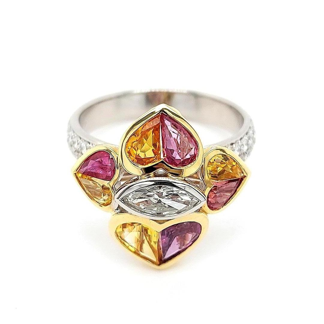 18 Kt Bi Color Ring, 0.85 Carat Diamonds & 2.47 ct Heart Cut Rubies and Sapphire For Sale 14