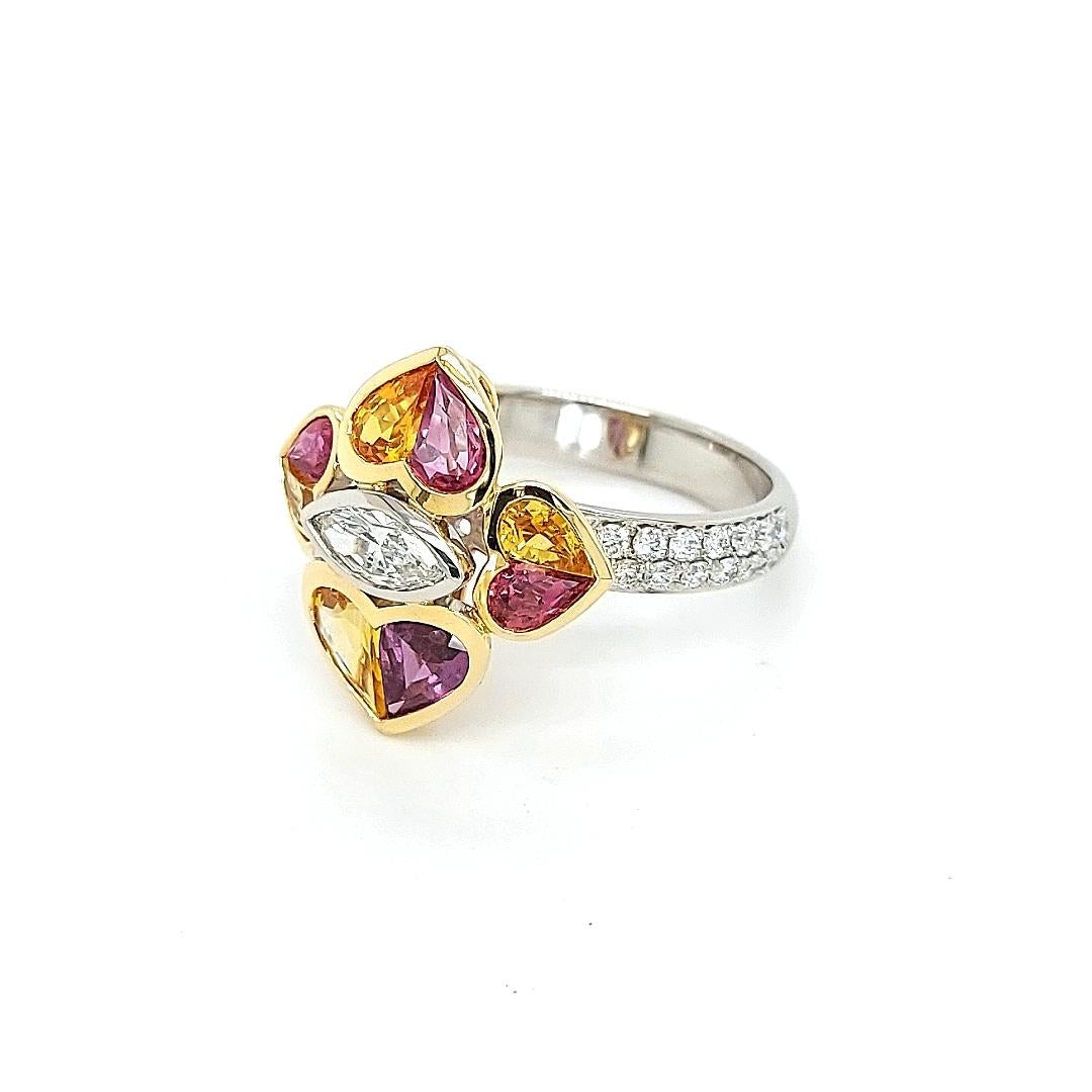 Modern 18 Kt Bi Color Ring, 0.85 Carat Diamonds & 2.47 ct Heart Cut Rubies and Sapphire For Sale
