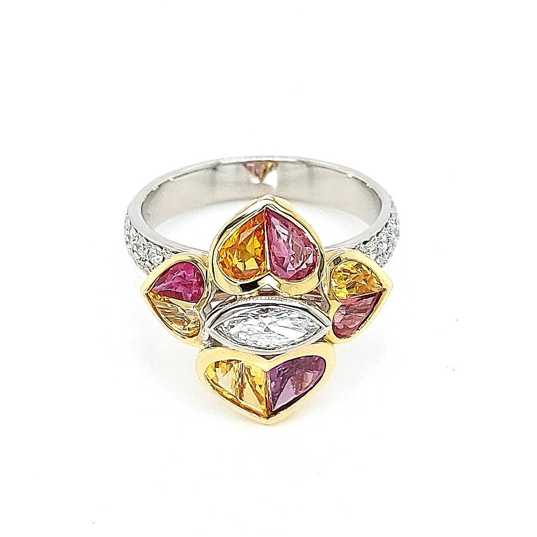Marquise Cut 18 Kt Bi Color Ring, 0.85 Carat Diamonds & 2.47 ct Heart Cut Rubies and Sapphire For Sale