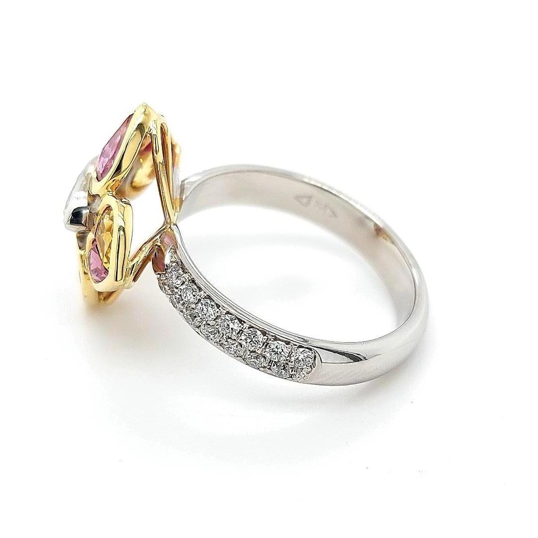 18 Kt Bi Color Ring, 0.85 Carat Diamonds & 2.47 ct Heart Cut Rubies and Sapphire For Sale 1
