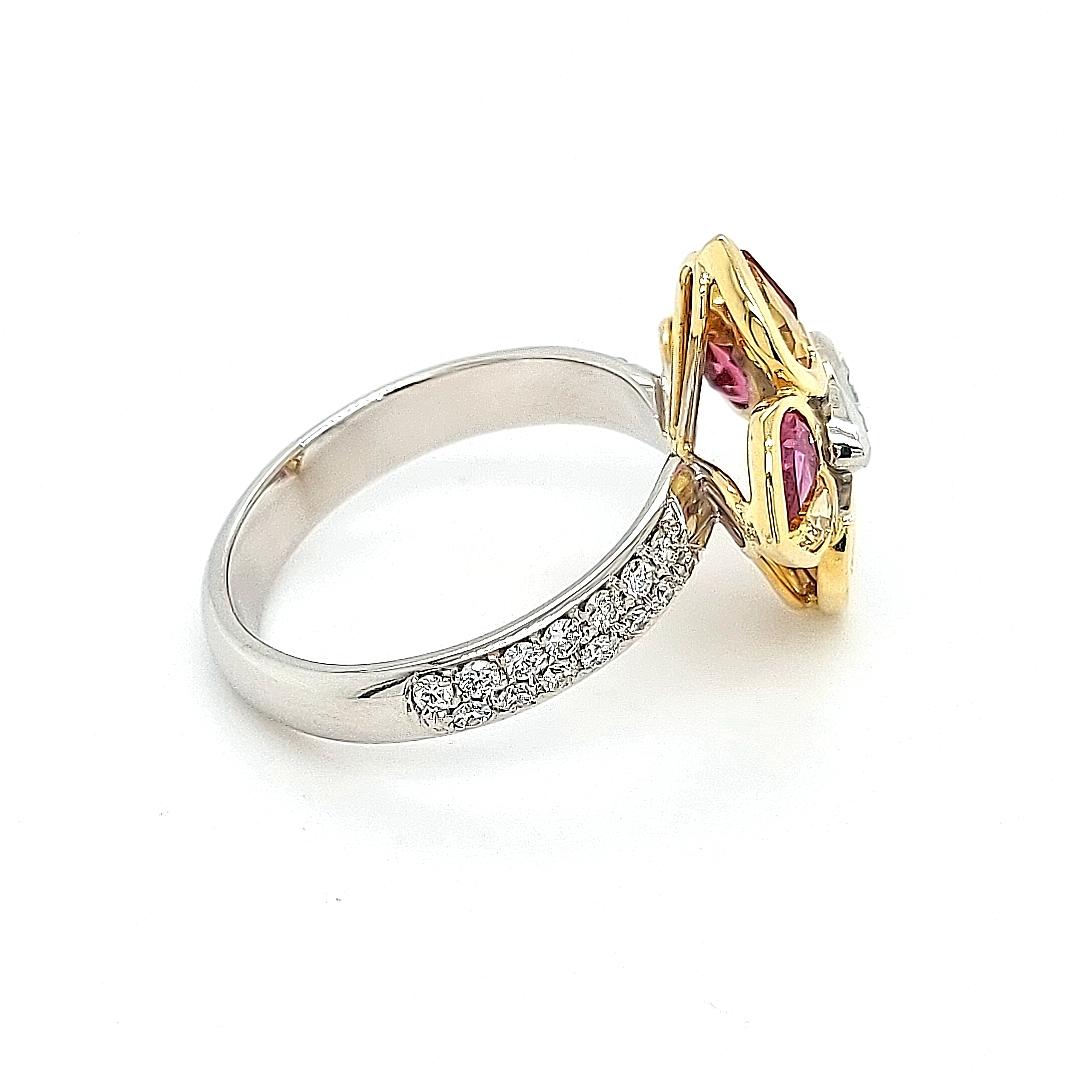 18 Kt Bi Color Ring, 0.85 Carat Diamonds & 2.47 ct Heart Cut Rubies and Sapphire For Sale 2