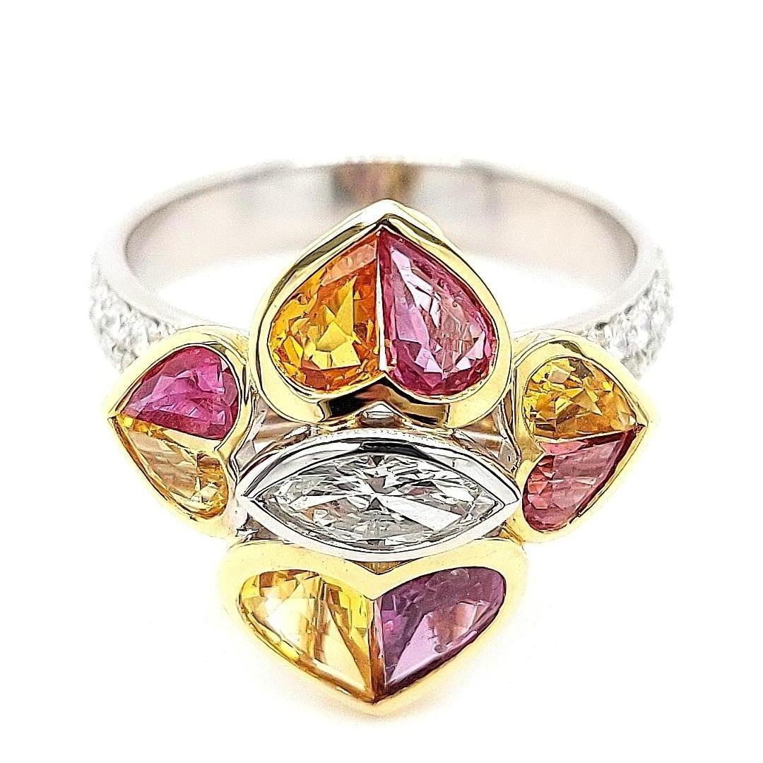 18 Kt Bi Color Ring, 0.85 Carat Diamonds & 2.47 ct Heart Cut Rubies and Sapphire For Sale 3